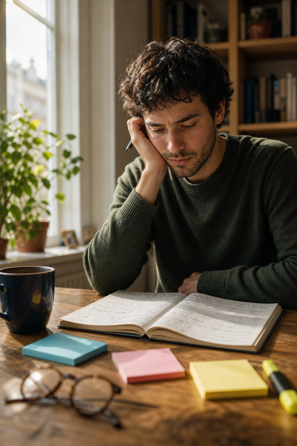 A conceptual photorealistic image showing an adult language learner at a wooden desk in a sunlit apartment, looking thoughtfully frustrated while studying. The person is mid-twenties to mid-thirties, resting their chin on one hand, staring at an open notebook with handwritten notes (illegible scribbles only, no readable text, no letters, no words). Scattered on the desk: a coffee mug, colored sticky notes in blue, pink, and yellow (completely blank, no writing on them), a pair of reading glasses, and a highlighter. Soft natural window light from the left side, warm interior tones, bookshelf blurred in the background. Captures a mood of concentration mixed with mental fatigue, the feeling of hitting a learning plateau. Shallow depth of field, cinematic lighting, photorealistic. Absolutely no text, no writing, no letters, no numbers, no signs anywhere in the image.