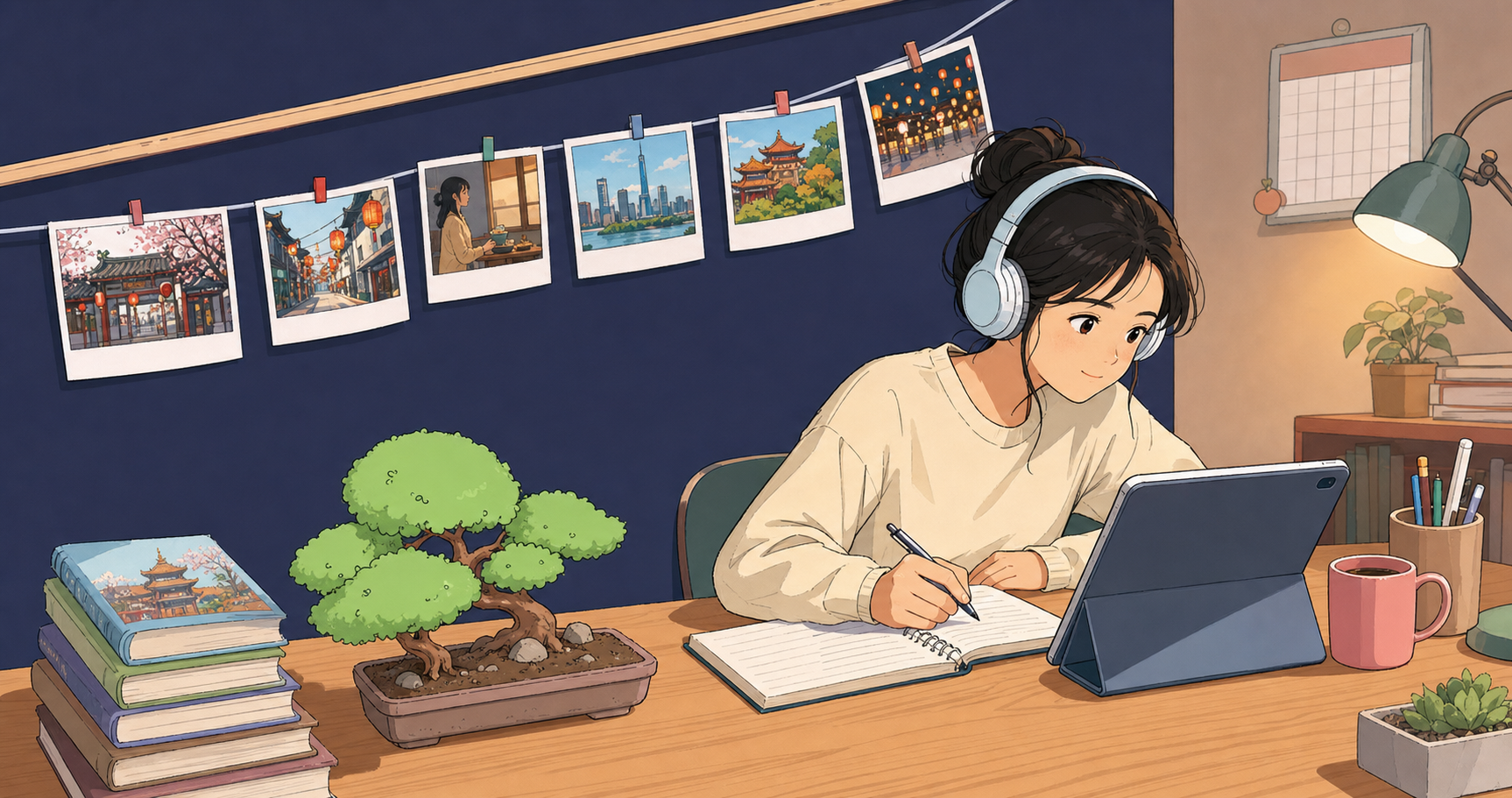 A clean, modern illustration showing a focused adult learner studying Mandarin Chinese at a desk with a laptop or tablet, wearing headphones for speaking practice. The scene should convey daily routine and commitment - perhaps a clock or calendar visible in the background suggesting regular practice. Warm, encouraging lighting. Minimalist style with a subtle gradient background. The person should appear engaged and confident, not stressed. No text, letters, or words visible anywhere in the image.