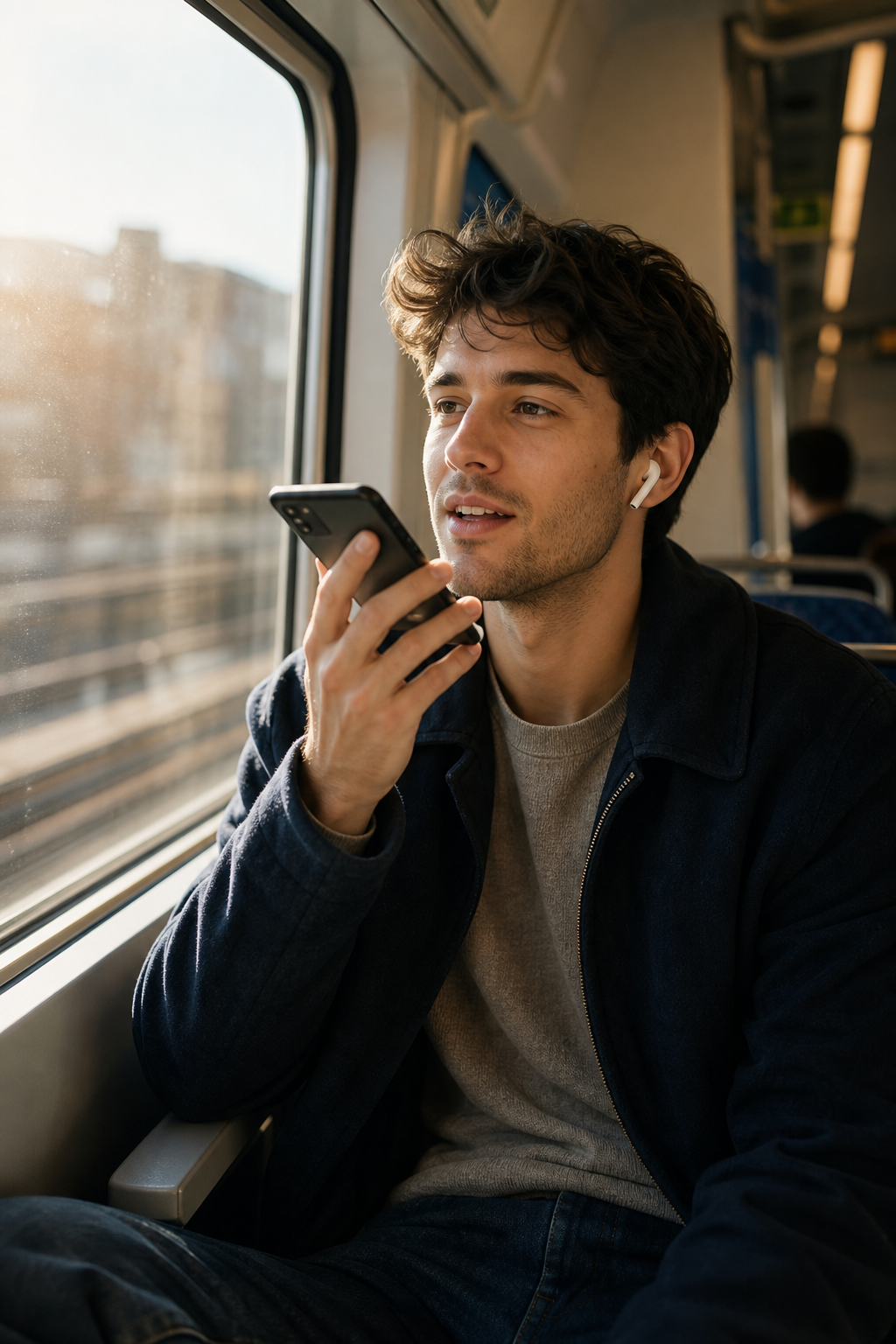 A warm, cinematic scene of a young adult sitting on a commuter train by a window, wearing wireless earbuds and speaking into a smartphone held up near their face. Soft morning light streams through the train window, blurred urban scenery passing outside. The person's expression is engaged and focused, mid-conversation. Shallow depth of field, muted warm color palette, editorial photography style. No signs, no visible screen content, no writing anywhere in the frame.