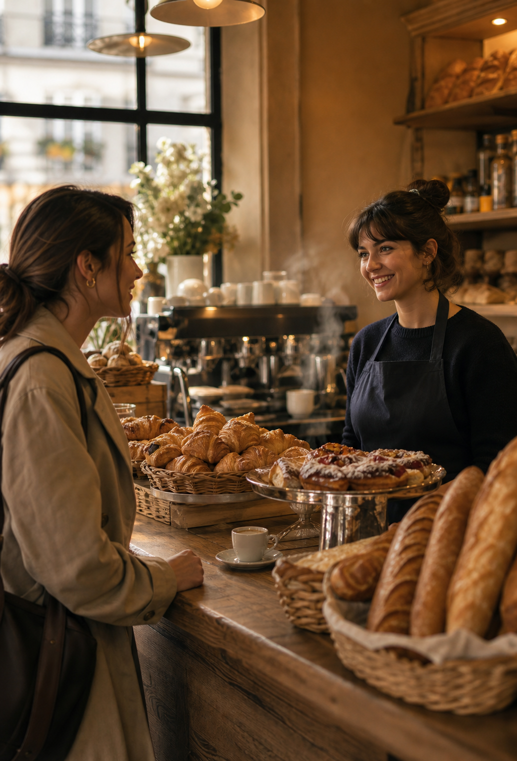 A warm, inviting Parisian boulangerie-café interior scene from a customer's perspective. A wooden counter displays golden croissants, baguettes, and pastries in woven baskets. An espresso machine gleams behind the counter with steam rising from a small white cup of café. Soft morning light filters through a window. A friendly server in a dark apron stands behind the counter. Shot in a cinematic, editorial photography style with shallow depth of field, warm amber and cream tones, no signage, no visible text, no letters, no writing anywhere in the scene.