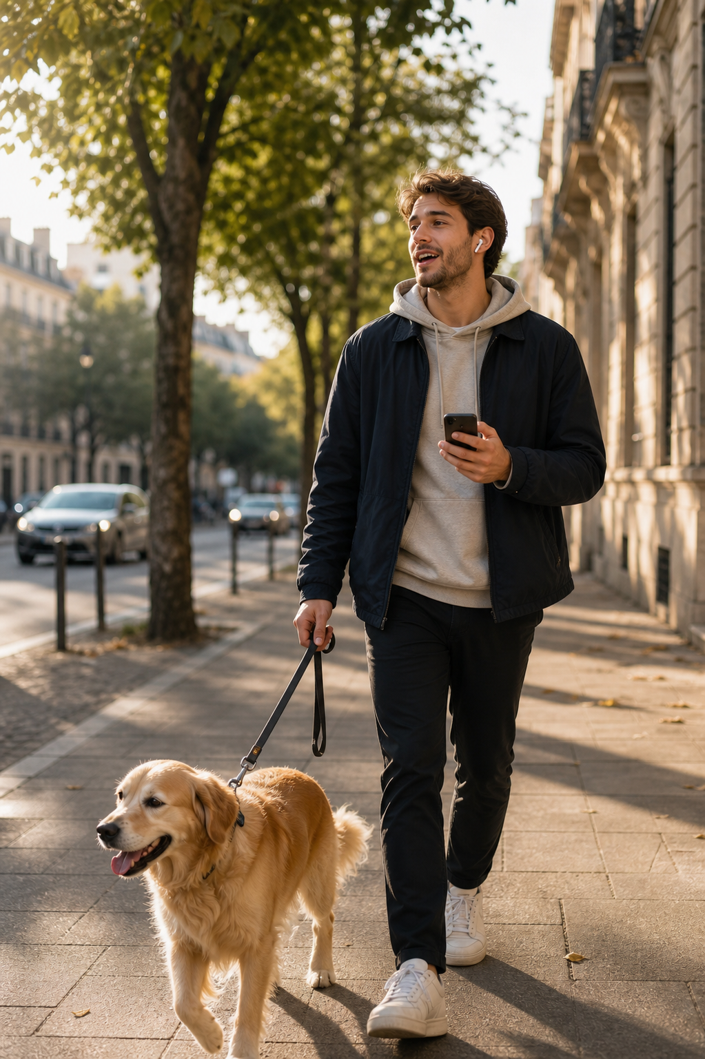 A person walking a dog on a city sidewalk in the early morning, wearing wireless earbuds and holding a smartphone loosely in one hand, mid-conversation with a slight smile as if speaking into the earbuds. Warm natural light, shallow depth of field, cinematic photography style. The scene should feel like a candid moment of multitasking — everyday commute life combined with focused verbal practice. No text, no words, no letters, no signs, no logos anywhere in the image.