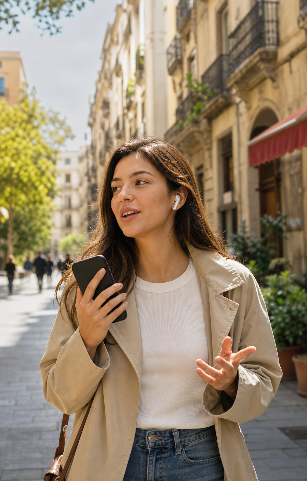 A young adult walking outdoors on a city street wearing wireless earbuds, holding a smartphone, engaged in a spoken conversation practice session, warm natural lighting, urban European-style architecture in the background, candid and focused expression, soft depth of field