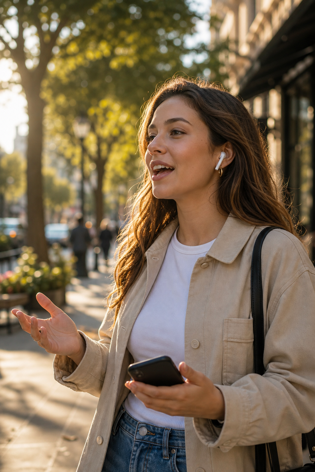 A cinematic photograph of a person walking outdoors on a tree-lined city sidewalk during golden hour, wearing wireless earbuds and speaking mid-sentence with a natural, engaged expression — mouth open, eyes forward, hands gesturing subtly as if in real conversation. A smartphone is visible in their hand or pocket, screen off or dim. Warm afternoon sunlight filters through leaves, casting dappled shadows. Shallow depth of field, soft bokeh background of blurred storefronts and passersby. The mood is confident, unforced, everyday — practice woven into a commute rather than a study session. No text, no words, no letters, no signage, no readable writing anywhere in the image, no logos, no app interfaces visible.