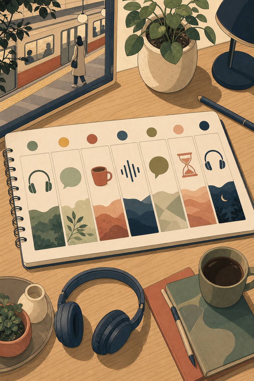 A warm, editorial-style flat illustration showing an abstract weekly practice schedule concept for language learning. Depict a stylized top-down view of a week planner or calendar grid with seven abstract blocks arranged horizontally, each containing simple geometric symbols suggesting different daily activities: small headphone shapes, speech bubble outlines, a coffee cup, a small hourglass, and abstract sound wave curves. Include subtle imagery of a morning commute scene in one corner — an abstract subway car silhouette or a walking path. Muted, sophisticated color palette with cream, sage green, terracotta, and deep navy accents. Flat illustration style with subtle texture and gentle shadows, no photorealism. No text, no words, no letters, no numbers, no readable characters anywhere in the image.