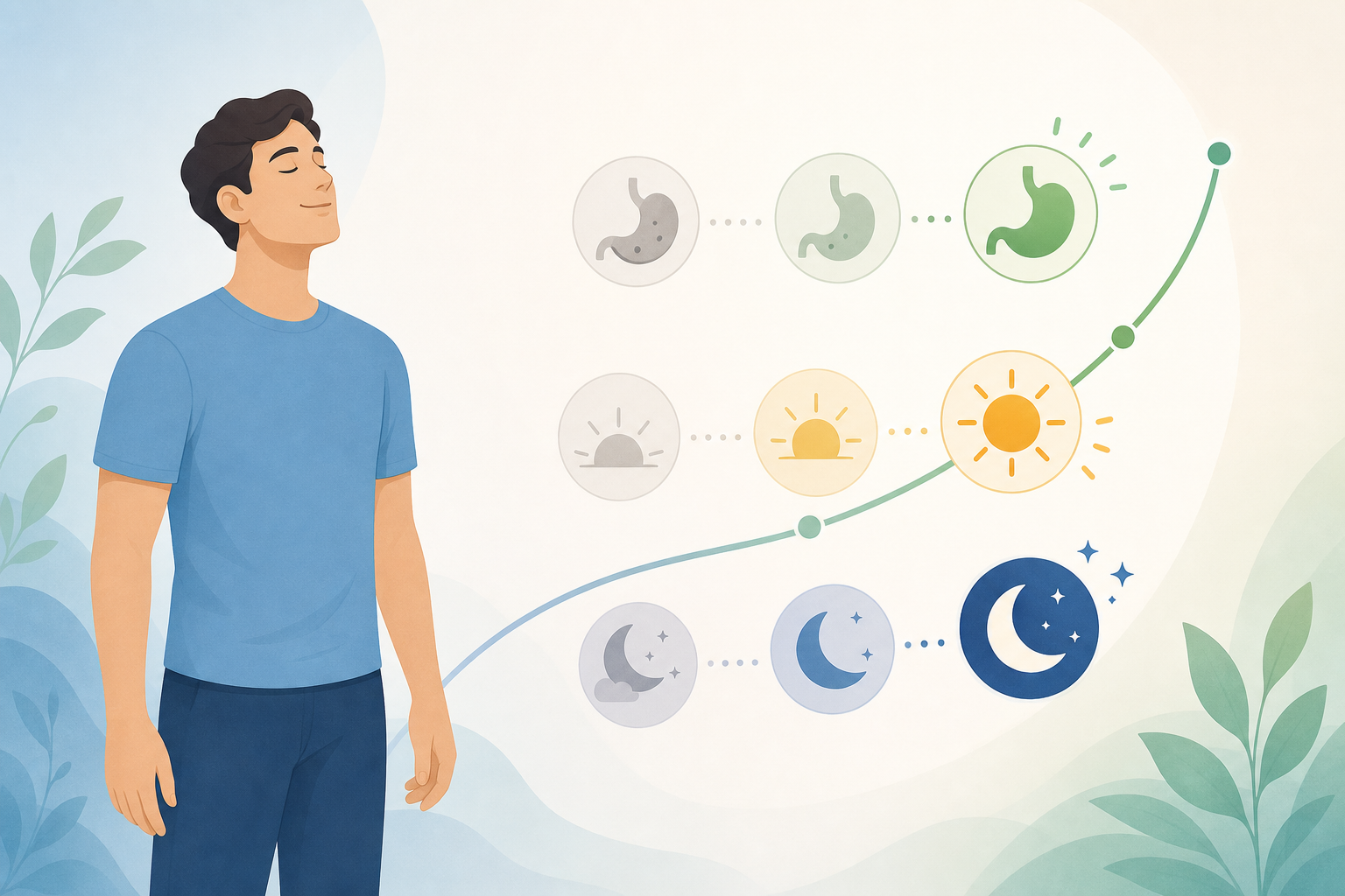 A clean, minimal medical illustration showing a calm human figure with a soft timeline arc flowing beside them, representing the passage of days and weeks. Subtle visual cues of nausea fading, energy returning, and sleep improving — depicted through abstract icons like a stomach, a sun, and a crescent moon transitioning from muted to vibrant colors. Soft blue, green, and warm neutral tones. Modern flat illustration style, no text or labels.