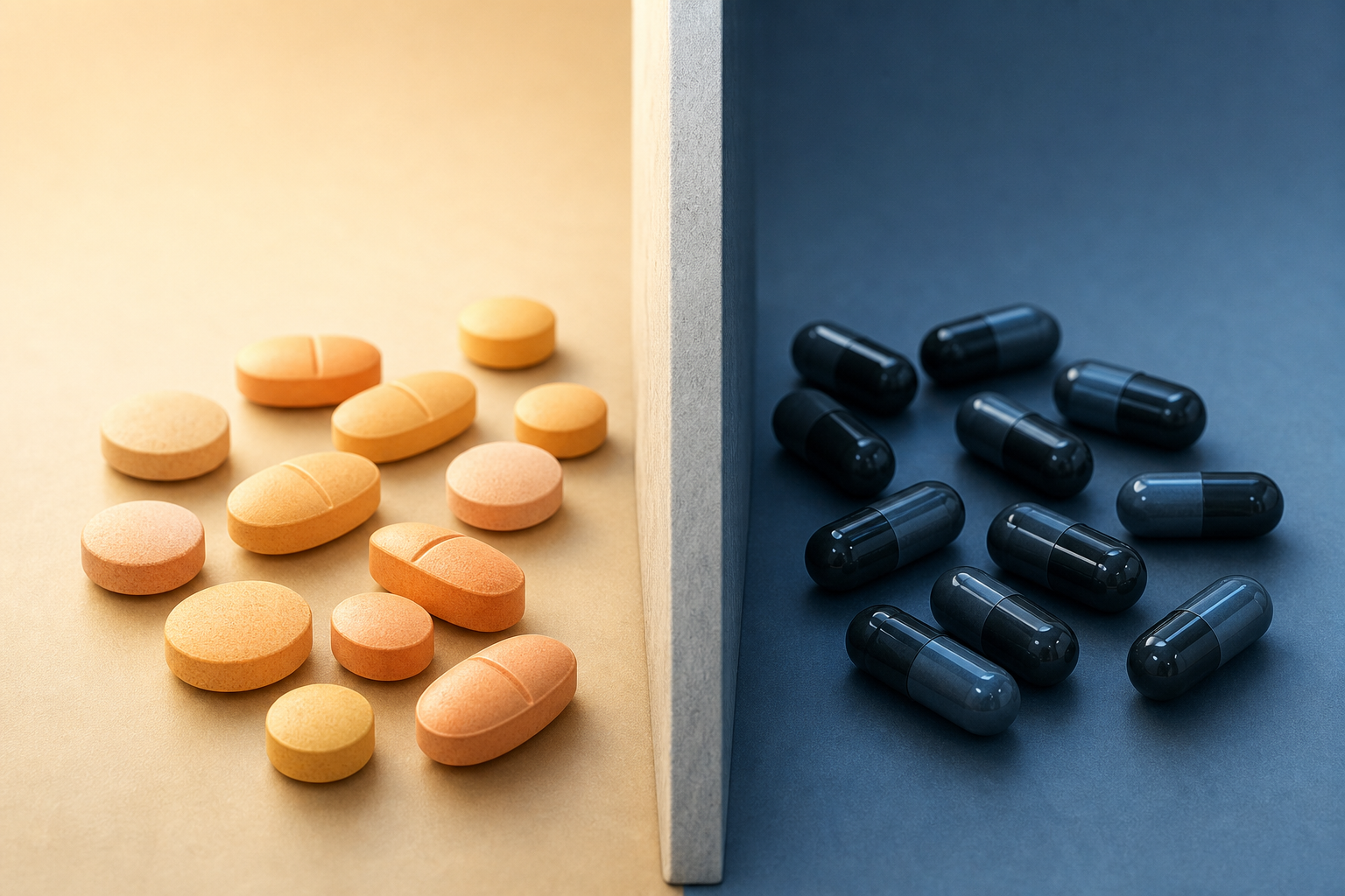 A clean medical illustration showing two distinct categories of pills and capsules separated by a bold visual barrier — one side showing warm-toned tablets representing naltrexone, the other side showing darker capsules representing opioids, with a clear visual separation between them. Soft clinical lighting, muted blue and amber tones, no labels or text, minimal and modern medical style.