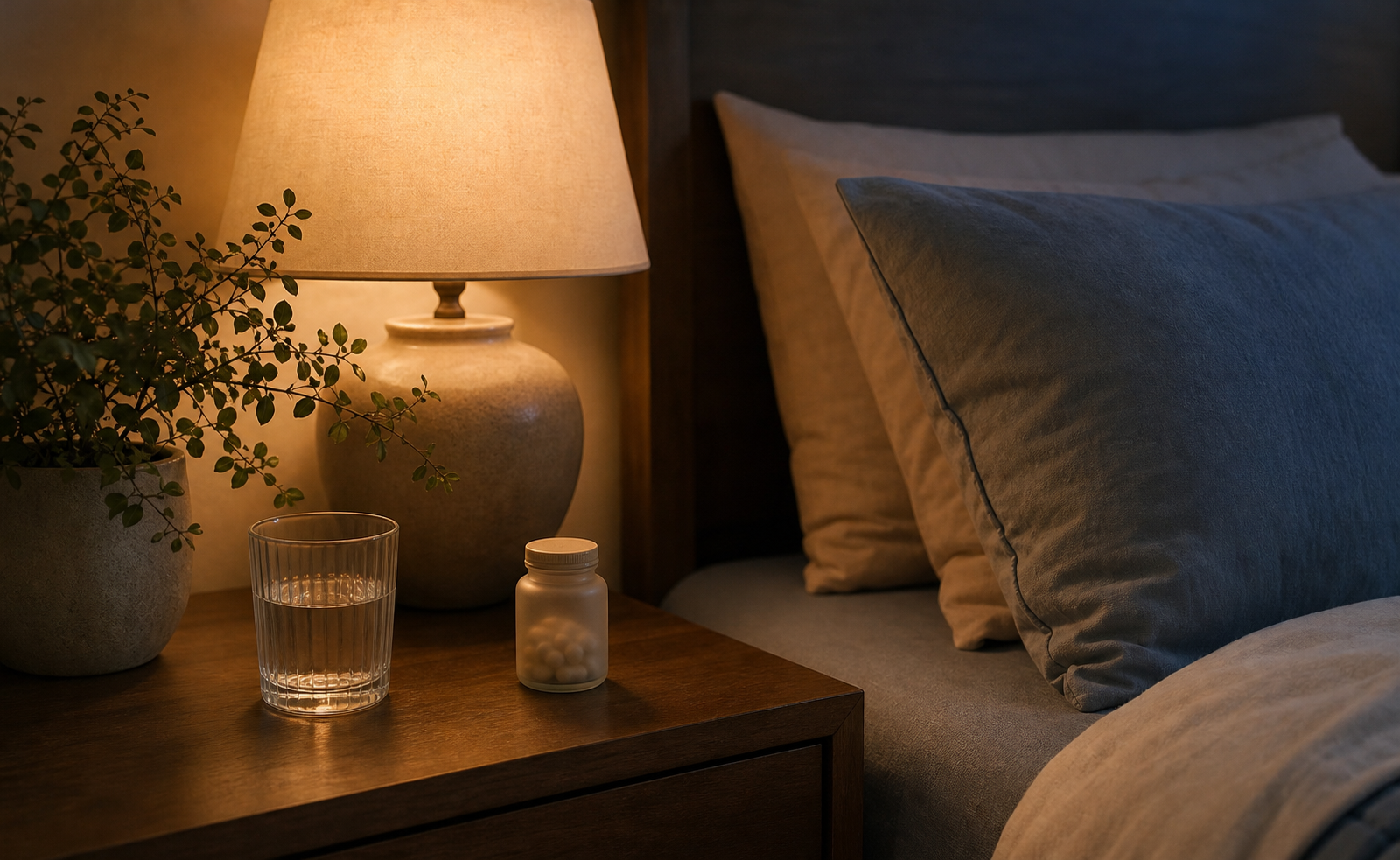 A calm, cozy evening scene showing a bedside table with a glass of water, a small pill bottle, and a warm lamp casting soft light. A bed with neatly arranged pillows is partially visible in the background. The color palette is muted and soothing — soft blues, warm amber tones, and gentle shadows. The mood is peaceful and restful, evoking a healthy nighttime routine. No text, no words, no letters anywhere in the image. Soft, editorial illustration style.
