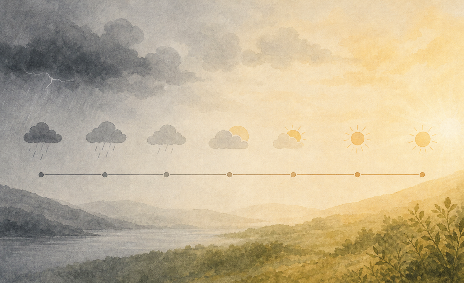 A calm, minimalist illustration showing a gradual transition from stormy weather to clear skies over a timeline, symbolizing the slow fading of alcohol cravings over the first few weeks. Soft muted colors, gentle gradient from gray-blue tones on the left to warm golden-hour light on the right. Abstract, no people's faces, no bottles, no medical imagery. Clean editorial style with subtle watercolor textures.
