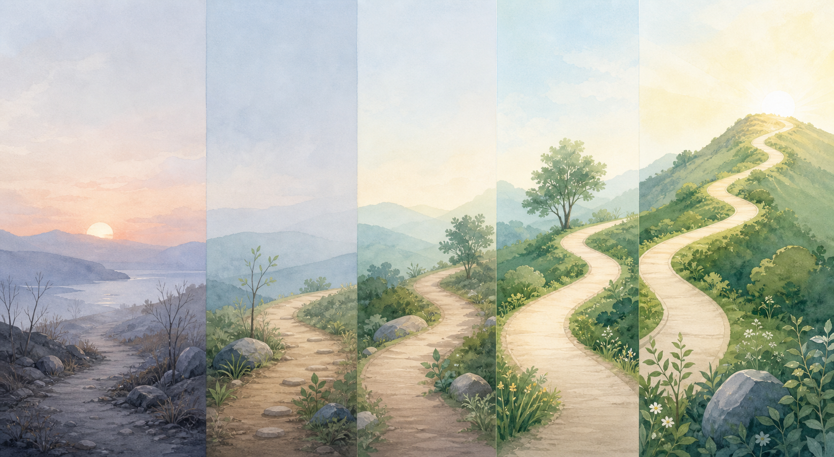 A calm, minimalist illustration showing a timeline progression across weeks, depicted as a serene path or journey through soft gradual stages. Abstract representation of gradual change and improvement over time — a winding road or gentle upward curve through muted, peaceful colors like soft blues and greens, symbolizing a slow but steady transformation. No text, no words, no letters, no numbers, no labels.