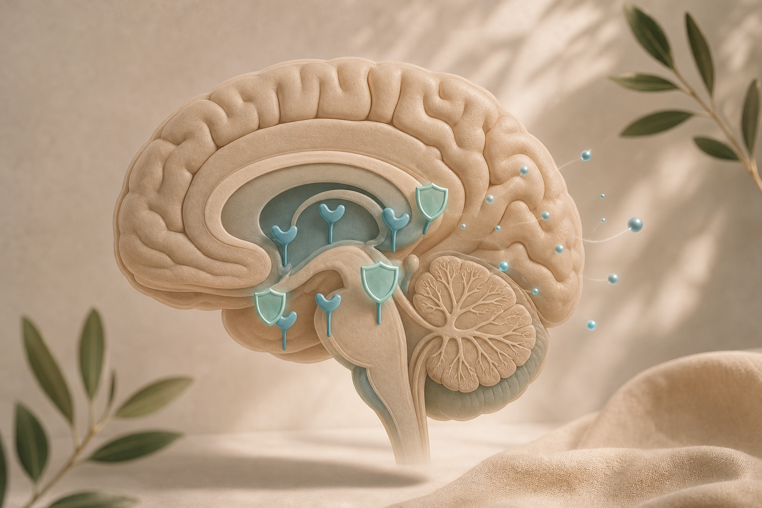 A simplified, elegant medical illustration showing a human brain in soft cross-section view with highlighted opioid receptors. Some receptors are shown being blocked by shield-like molecules, while small reward-signal particles float nearby unable to connect. The style is clean, modern, and calming with a muted color palette of soft blues, teals, and warm neutrals. No text, no words, no labels, no letters anywhere in the image.