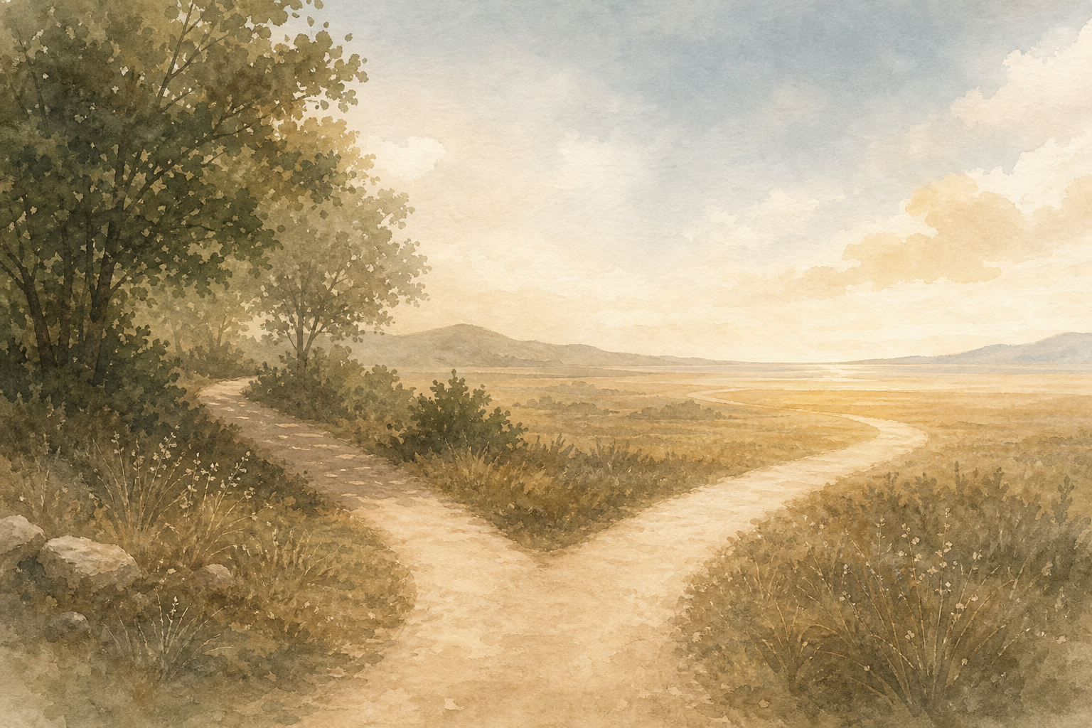 A calm, minimalist illustration showing a forking path diverging into two gentle trails through a serene landscape. One path leads toward a quieter, more restrained setting and the other toward a completely open, clear horizon — symbolizing two different approaches to change. Soft muted earth tones with warm golden and cool blue-green accents. Abstract, no people's faces, no bottles, no medical imagery, no text or labels. Clean editorial style with subtle watercolor textures and a sense of peaceful choice.