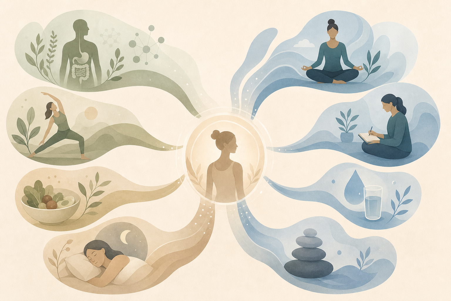 A calm, minimalist illustration showing multiple interconnected elements that influence a central outcome, depicted as soft organic shapes or gentle flowing paths converging toward a focal point. Abstract representation of various factors — like metabolism, habit, and consistency — feeding into a single process. Muted, peaceful palette of warm neutrals, soft blues, and sage greens. Clean, modern style with no text, no words, no letters, no numbers, no labels.