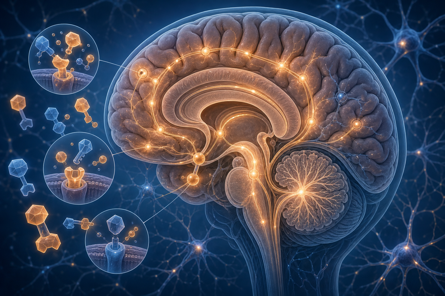 A detailed scientific illustration of the human brain in cross-section, with glowing neural pathways and opioid receptor sites highlighted in warm amber light. Neurotransmitter molecules floating near receptor nodes, depicted as geometric lock-and-key shapes. A calm blue background with subtle synaptic connections branching across the brain tissue. Clean, modern medical illustration style with a slightly muted color palette.