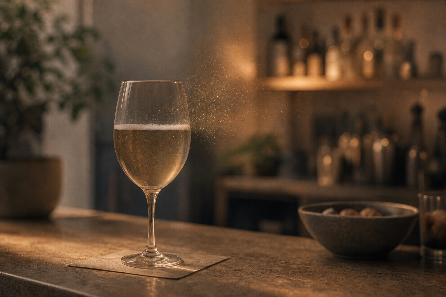 A conceptual illustration showing a glass of beer or wine on a bar counter with the golden liquid appearing muted, desaturated, and losing its glow — symbolizing the dulled reward of drinking. Subtle visual cues of fading sparkle or dimming light around the glass. The background is a softly blurred bar or kitchen scene with warm but subdued tones. The mood is reflective and calm, not dark or clinical. Soft editorial illustration style with muted colors — dusty blues, faded ambers, and gentle shadows. No text, no words, no letters, no labels anywhere in the image.
