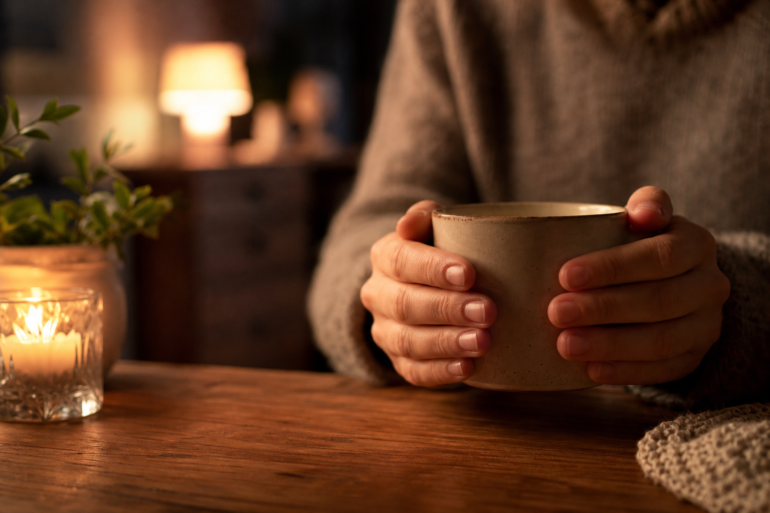 A close-up of a person's hands wrapped around a warm cup of tea or coffee at a wooden table during the early evening, soft warm ambient light in the background suggesting a cozy home setting, representing a calm and intentional evening routine as a substitute for habitual drinking, photorealistic style, no text