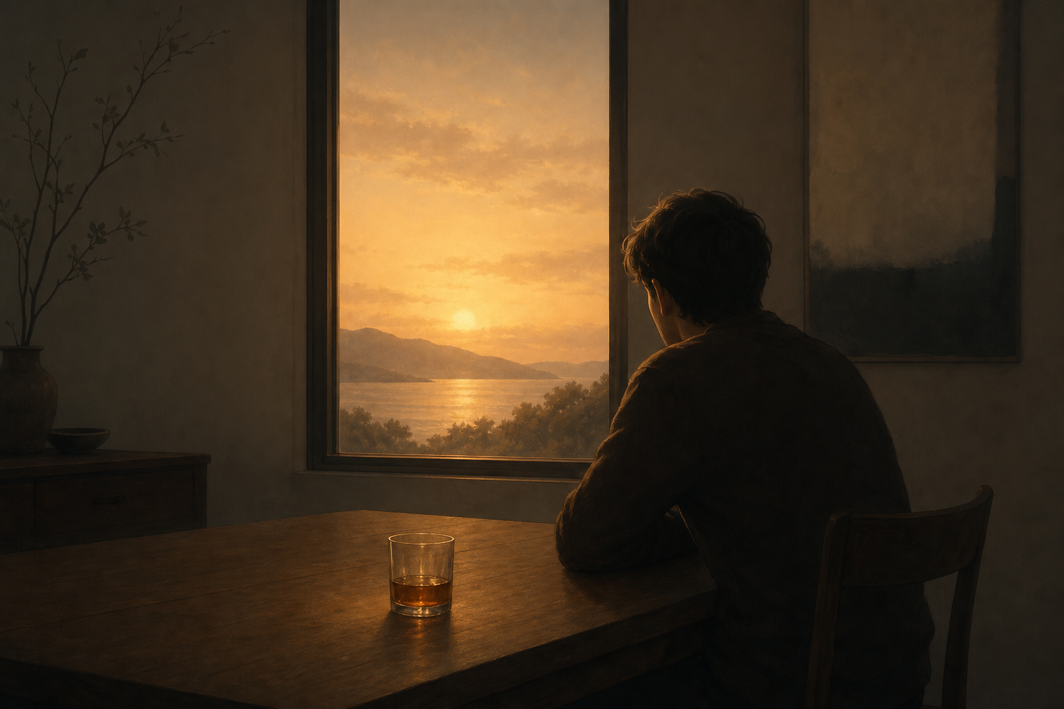 A serene, minimalist illustration showing a person sitting quietly at a wooden table with a single glass of amber liquid in front of them. The scene is calm and introspective — warm evening light filtering through a window. A subtle visual metaphor of fading: the glass casts a dim, diminishing glow compared to a brighter background, suggesting the reward of drinking becoming less compelling over time. Soft muted tones, clean composition, no text or labels anywhere in the image.