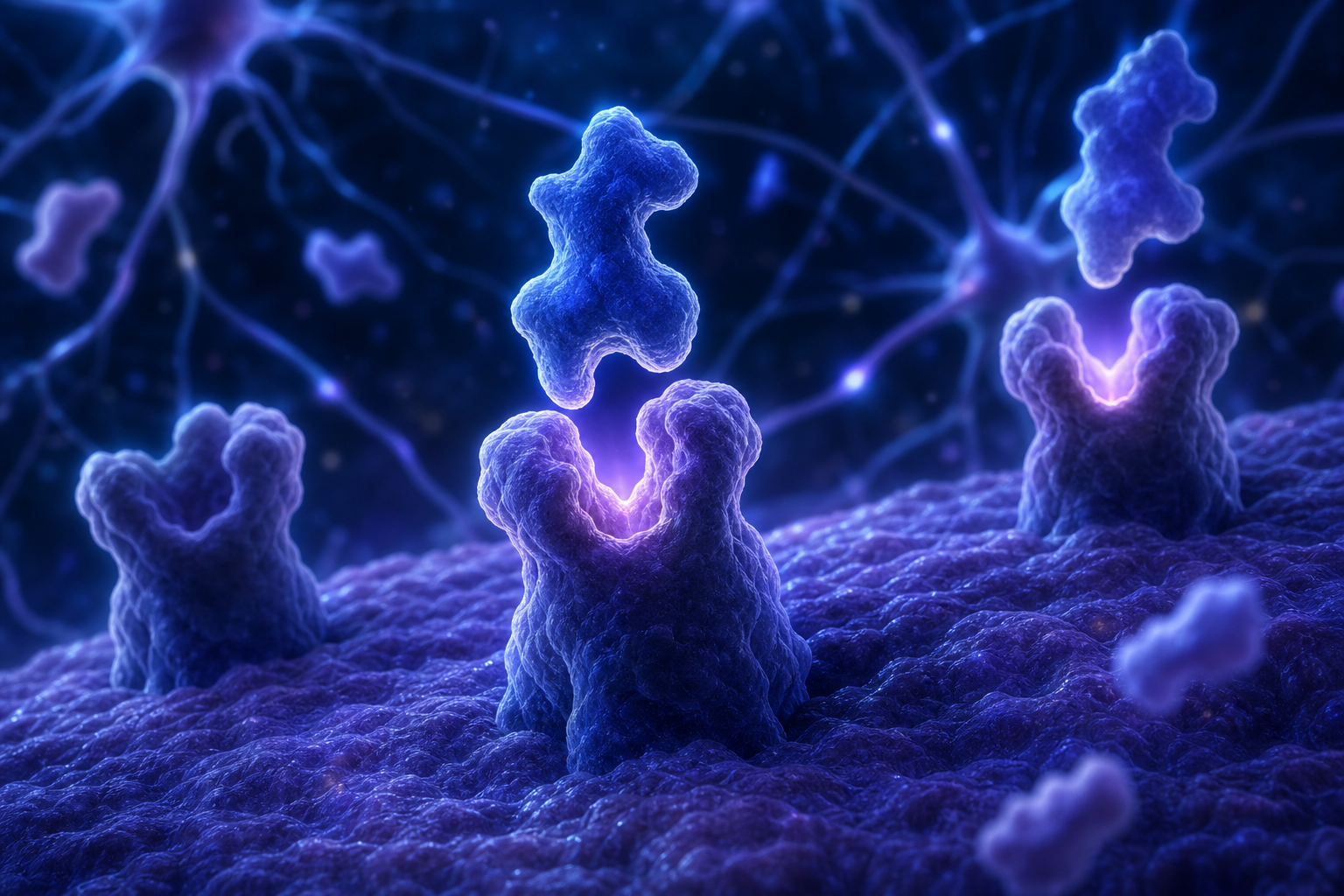 A close-up scientific illustration of neural receptors in the brain, with opioid receptors shown as glowing molecular lock-and-key structures being blocked by antagonist molecules, rendered in deep blue and violet tones with soft bioluminescent highlights, no alcohol or drugs depicted, clean medical illustration style