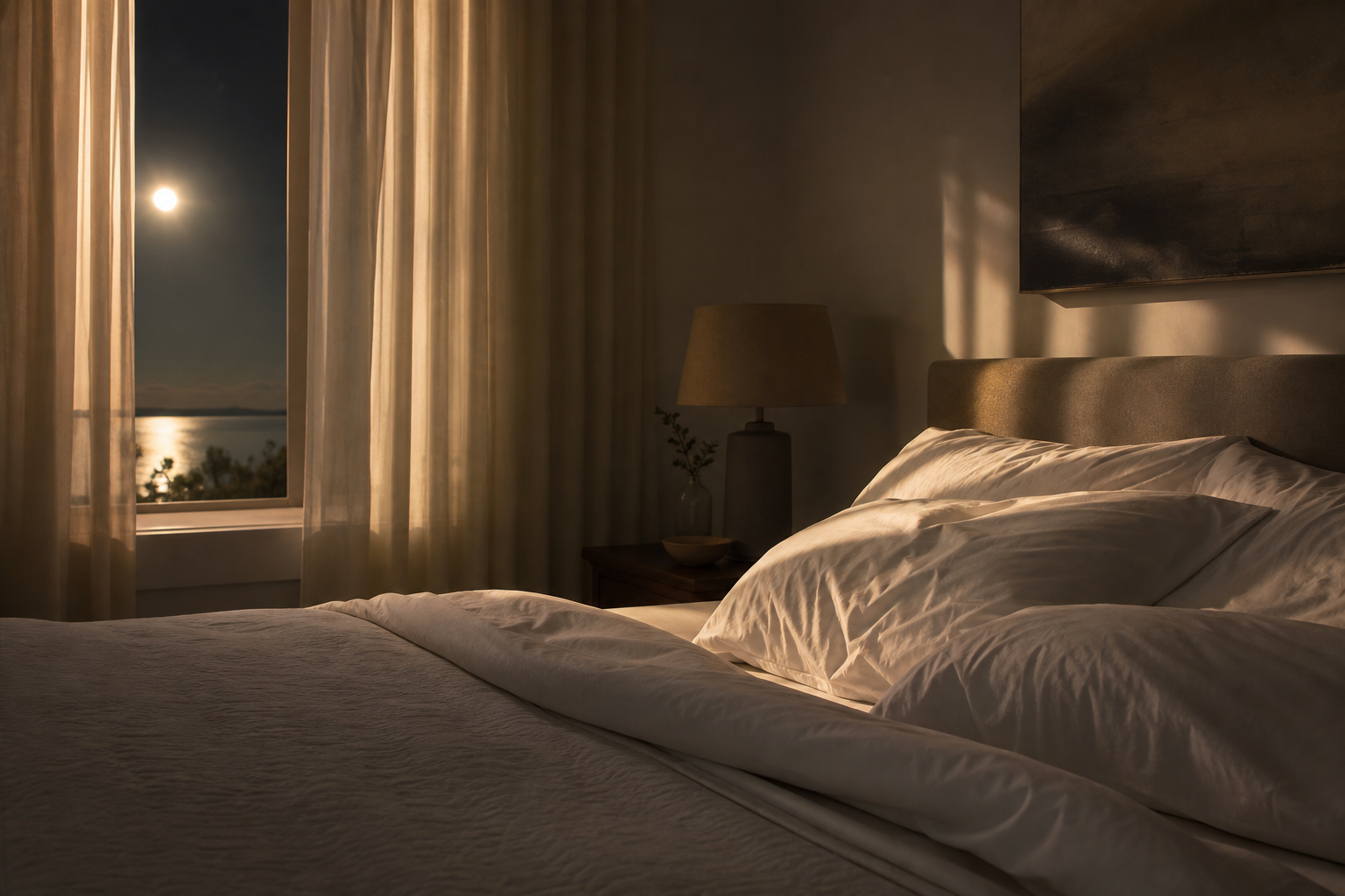 A serene bedroom at night with soft, warm moonlight filtering through sheer curtains onto a neatly made bed with rumpled white pillows, conveying deep restful sleep, calm and tranquil atmosphere, photorealistic style