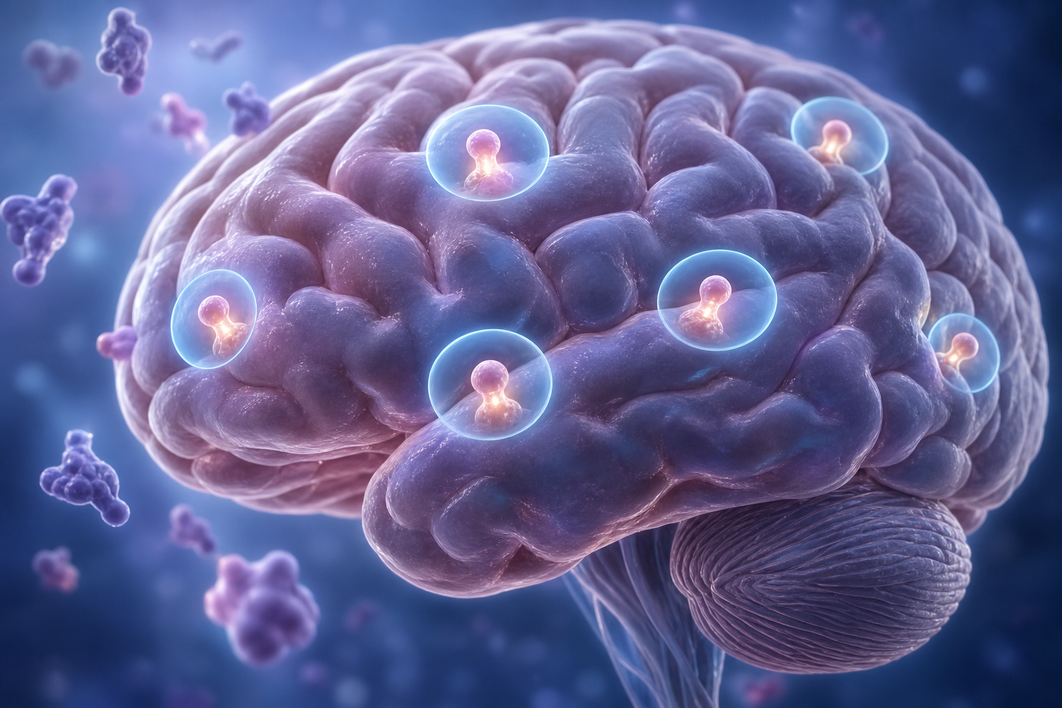 A close-up photorealistic illustration of a human brain with glowing receptor sites being blocked by a protective shield or barrier, symbolizing opioid receptor blockade. Soft blue and purple tones, clean medical illustration style, no text or labels.