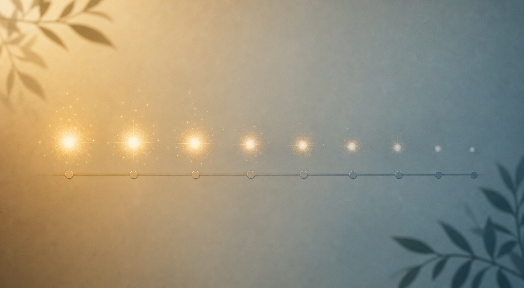 A calming, modern medical illustration showing the concept of gradual behavioral extinction over time. Depict a stylized timeline or progression showing a series of reward-signal icons (like glowing orbs or sparks) that progressively dim and fade from left to right, representing how a pleasure response weakens session after session. The background transitions from warm tones on the left to cool, serene blues and teals on the right. Clean, minimalist style with soft gradients, muted color palette of blues, teals, and warm neutrals. No text, no words, no labels, no letters anywhere in the image.