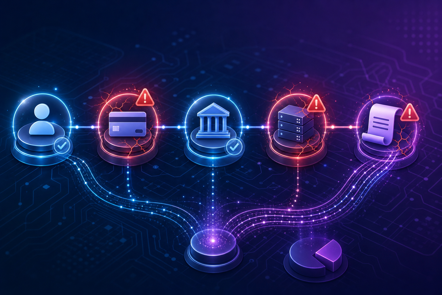 A conceptual illustration of a subscription billing system audit showing five interconnected failure points in a cascading flow diagram. Abstract glowing nodes connected by lines, some nodes showing warning indicators like red pulses or cracks, representing weak links in a payment processing chain. Dark blue and purple background with subtle circuit-board textures, financial data streams flowing between nodes, clean modern style with no text or labels.