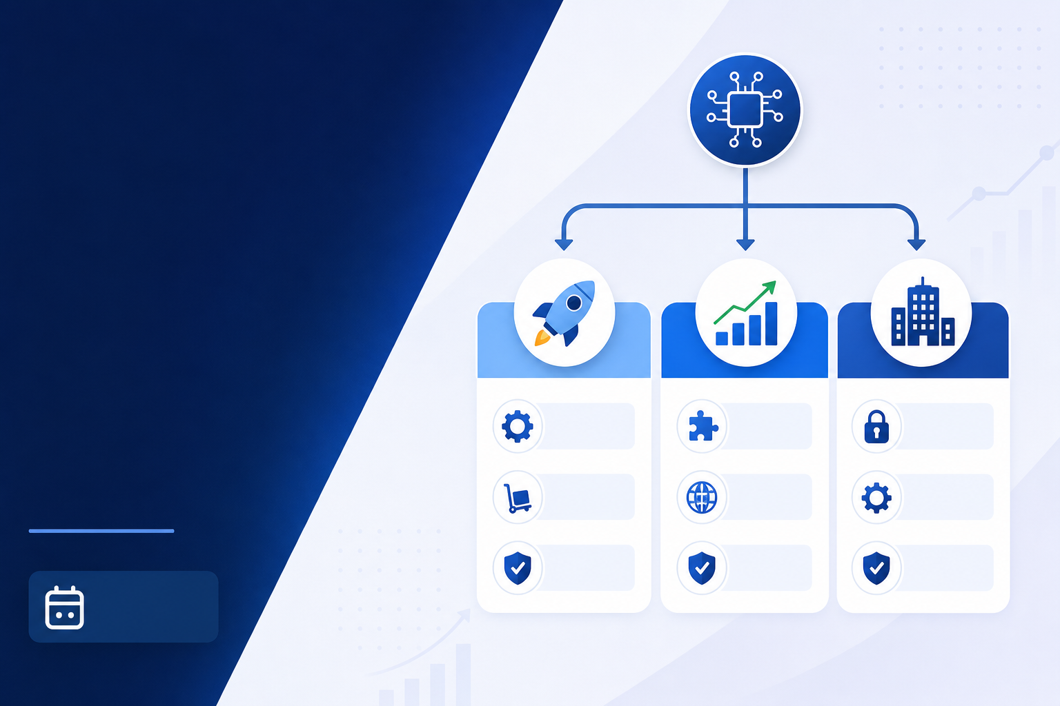 Clean, modern illustration showing a subscription business decision flowchart for choosing an AI payment recovery platform. Three branching paths labeled "Early-Stage Startup", "Mid-Market", and "Enterprise" with relevant icons: a rocket for startup, a growing bar chart for mid-market, and a building for enterprise. Each path shows key decision criteria as simple icons (no-code setup, multi-gateway, compliance badge). Flat design style, blue and white color palette, professional B2B aesthetic.