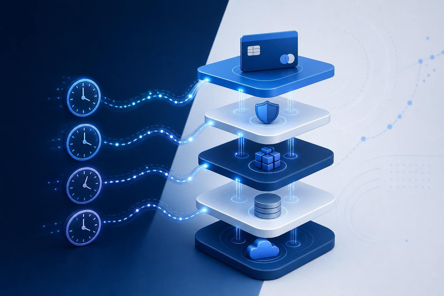 A clean, modern visualization of layered payment processing infrastructure showing stacked horizontal tiers connected by flowing data streams, with abstract clock symbols and timeline elements indicating different waiting periods, sophisticated blue and dark navy color palette with glowing connection points, representing a structured multi-layer retry timing system, no text or labels