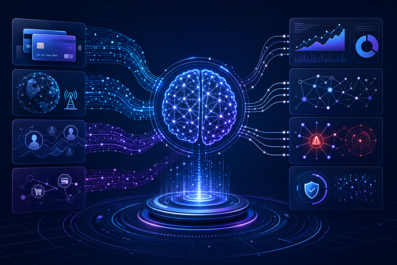 A modern, clean illustration showing an AI system analyzing payment transaction data. Visualize multiple streams of data flowing into a central AI brain or neural network node, including abstract representations of credit cards, network signals, behavioral patterns, and payment graphs. Use a professional tech aesthetic with blues, purples, and white colors. The style should be sophisticated and technical, showing data analysis and decision-making processes without any text or labels.