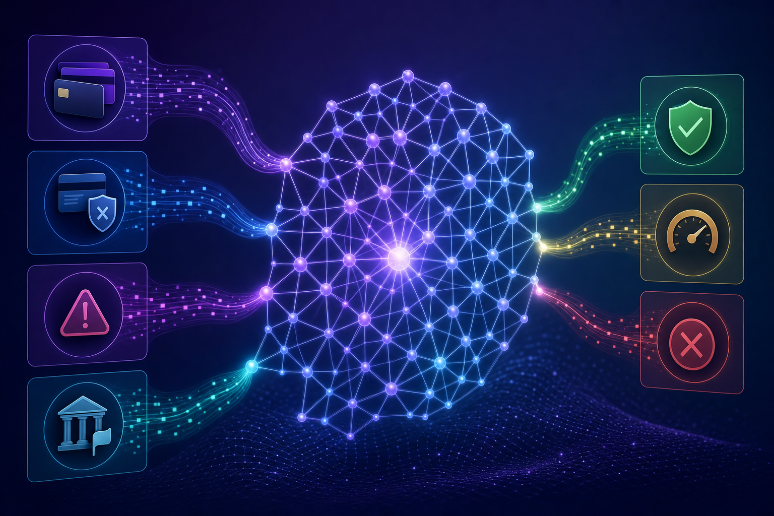 A sophisticated AI neural network analyzing payment transaction data, with multiple interconnected nodes processing different data streams like card types, decline codes, and issuer signals, modern fintech illustration style, purple and blue gradient color scheme, clean corporate design showing intelligent decision-making pathways, no text or letters