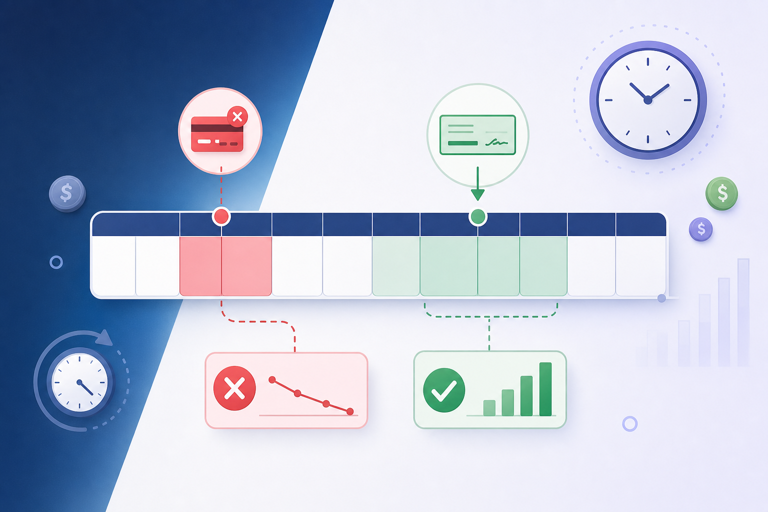 A clean flat-design illustration showing a conceptual timeline of payroll deposit cycles and payment retry windows. A horizontal calendar strip with days marked, showing a paycheck icon landing on a specific day, with a green checkmark authorization zone highlighted in the days immediately after. A separate red zone shows a failed charge attempt landing just before the paycheck arrives. Abstract circular clock elements and small coin/currency symbols scattered around. Muted blues, greens, and reds on a light neutral background. No text, no words, no letters, no numbers anywhere in the image.