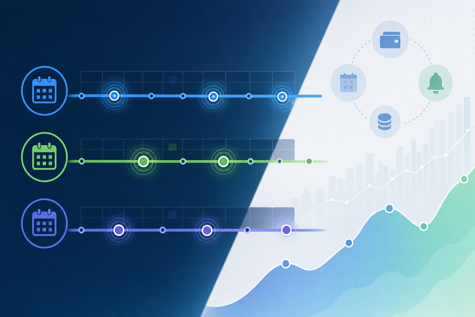 A clean, modern data visualization showing a timeline of payment retry scheduling windows. Three horizontal tracks with subtle calendar grid lines, each representing a different retry window duration: a short 1-3 day window, a medium 24-48 hour window, and a longer 5-7 day window. Abstract circular pulse indicators mark optimal retry moments along each track. Background shows faint payday cycle patterns with soft blue and green gradients on a dark navy background. Minimalist flat design, no text or labels anywhere in the image.
