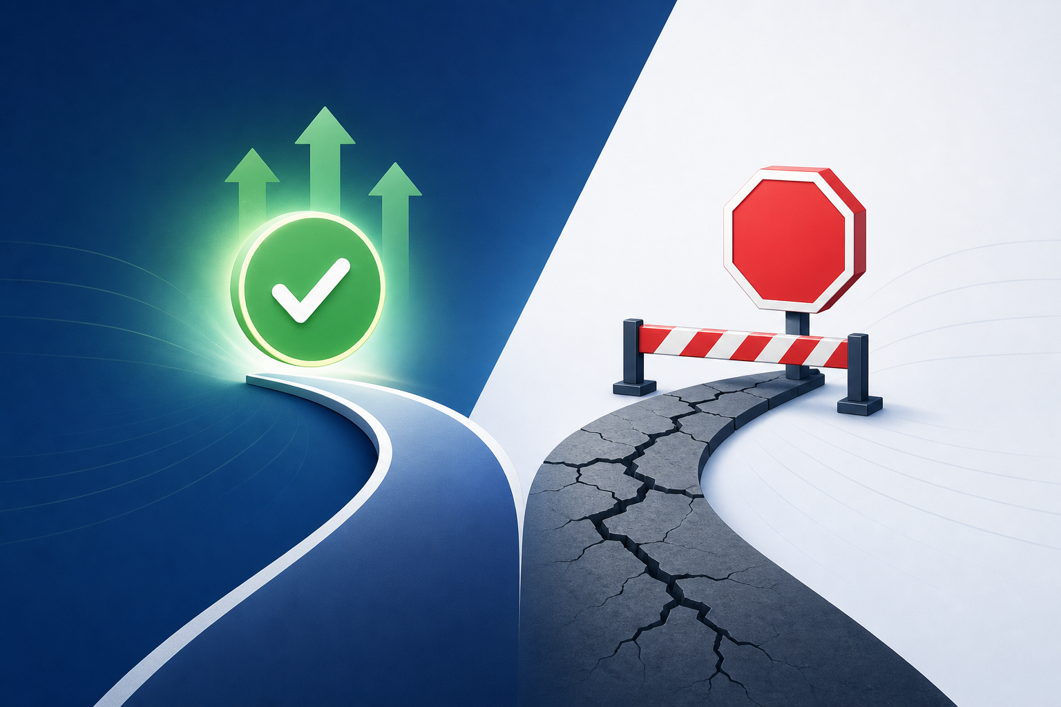 A clean conceptual illustration showing two diverging paths at a fork in the road. The left path is smooth and leads to a glowing green checkmark symbol representing successful payment recovery, with subtle upward arrows suggesting momentum. The right path is cracked and leads to a red stop sign or barrier symbol representing a permanent block. The overall color scheme is professional blue and white with green and red accents. Abstract, minimal, no people, no text, no labels, flat design style.