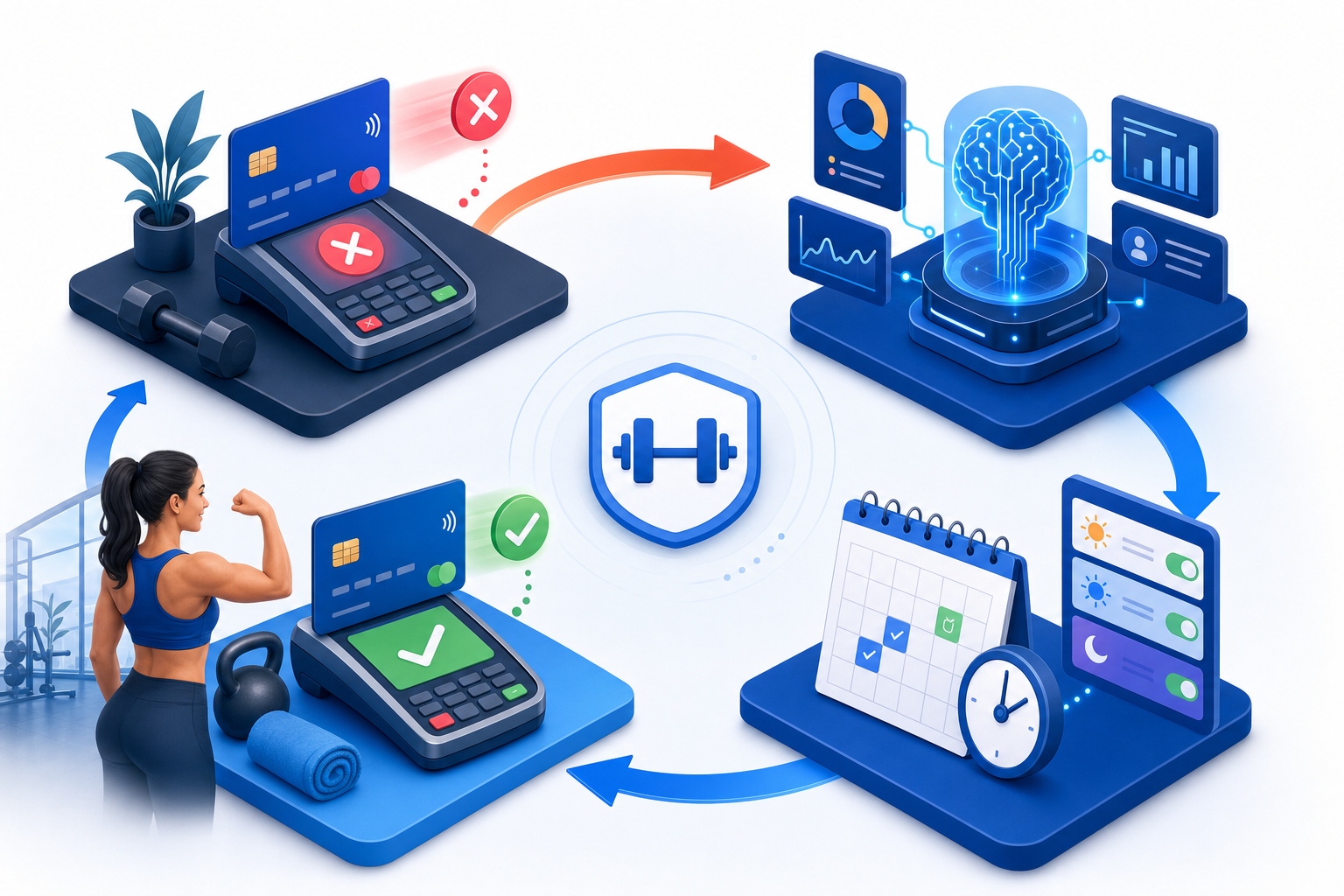 A clean, modern diagram showing the automated payment recovery cycle for gym memberships. Show a flowing process with a payment card being declined, then an AI system analyzing the decline, followed by smart retry attempts at optimal times, and finally successful payment recovery. Use a fitness/gym color palette with blues and energetic accent colors. Isometric or semi-flat illustration style, professional and technical but approachable. No text or labels.