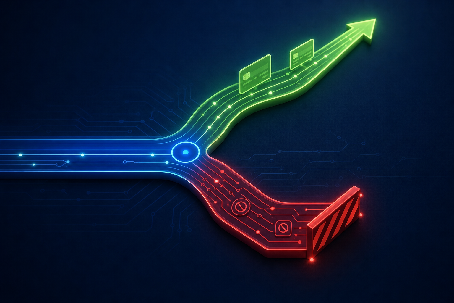 A clean, conceptual illustration of two diverging paths at a fork in the road, rendered as a top-down diagram. One path glows green and leads forward smoothly, representing retryable soft declines. The other path dead-ends with a red barrier, representing permanent hard declines. The paths are made of abstract flowing lines resembling payment network circuits on a dark navy background, with subtle card-shaped icons along the green path and blocked circuit symbols along the red path. No text, no letters, no numbers, no labels.