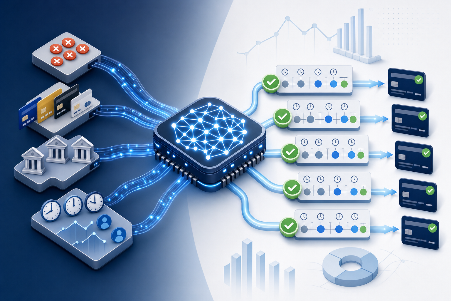 A modern, clean diagram showing an AI system analyzing payment transaction data. Visualization of multiple data streams flowing into a central AI processor: decline codes, card type indicators, issuer bank symbols, time-of-day clock icons, and customer history graphs. The AI processor in the center has neural network nodes or circuits. Output shows optimized retry schedules branching out to different time slots. Professional fintech illustration style, blue and gray color scheme with green accents for successful outcomes, isometric or semi-isometric perspective, no text or letters.