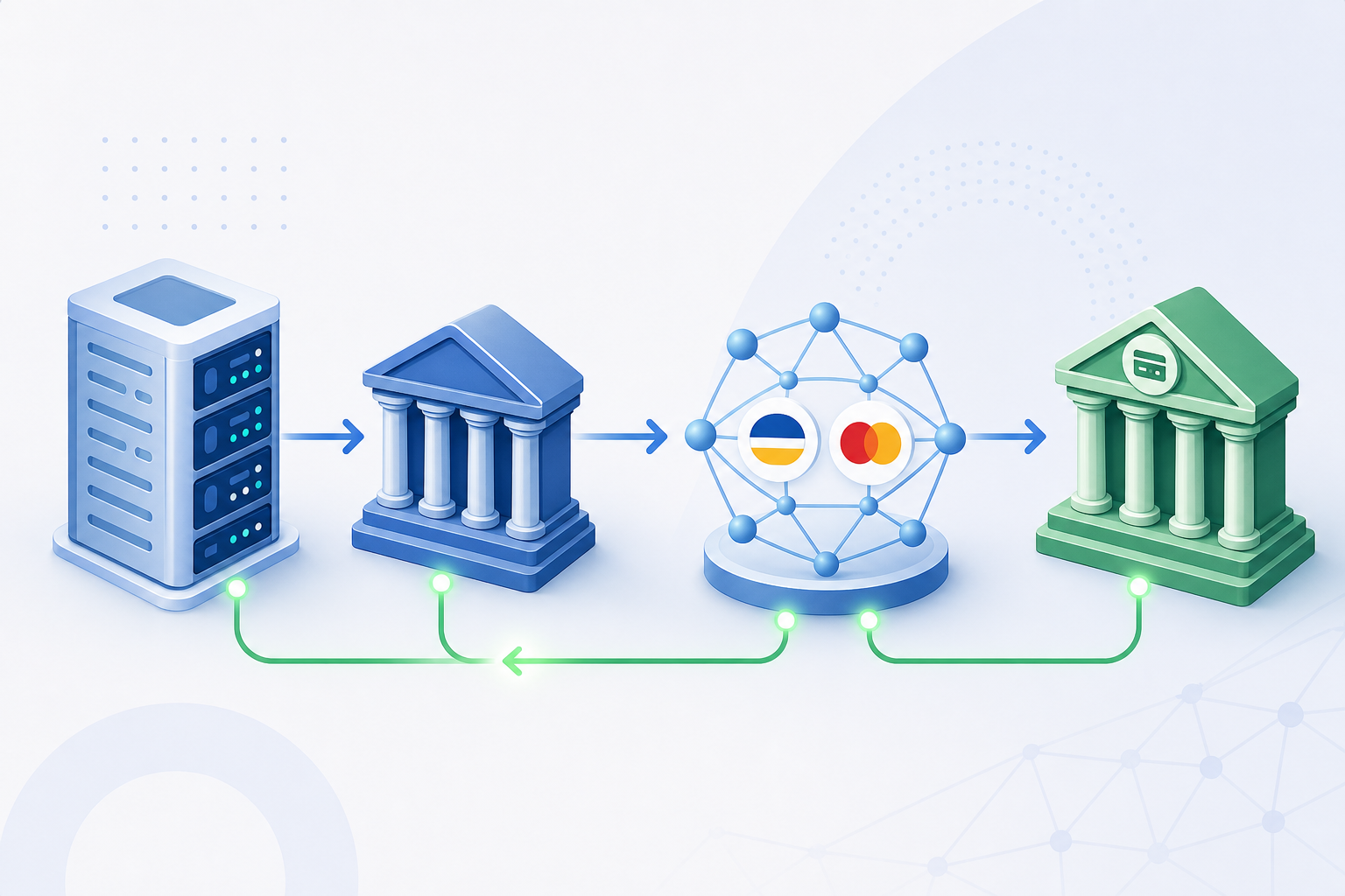 A clean, modern digital illustration showing a four-party payment credential refresh flow: a billing system server on the left, connected by arrows to a bank building representing an acquirer, which connects to a card network hub in the center (depicted as interconnected nodes with Visa and Mastercard-style circular badges), which then connects to an issuing bank on the right. Refreshed data flows back along the same path with glowing green arrows indicating successful credential update. The style is flat design with soft blues, greens, and whites, set against a light background. No text, no labels, no words.