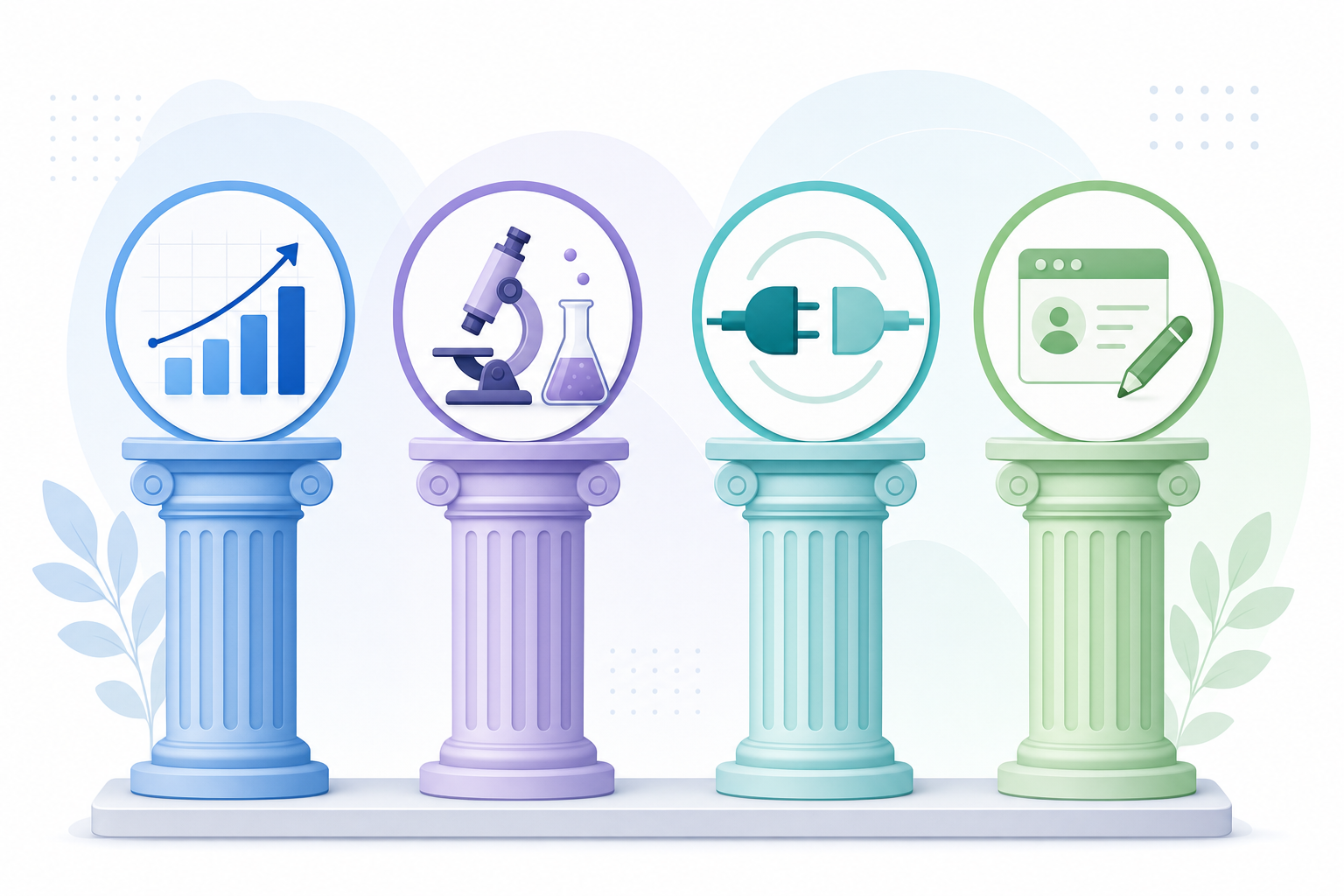 A clean, modern illustration showing four evaluation criteria for ranking software solutions. Show four distinct pillars or columns arranged horizontally, each representing a different assessment category: a performance graph with an upward trend line, a microscope or beaker representing scientific testing, a plug-and-play connection icon, and a personalized message or customization symbol. Use a professional color palette with blues, purples, and greens. The style should be minimalist and business-focused, like a SaaS product illustration or infographic. No text, words, or letters in the image.