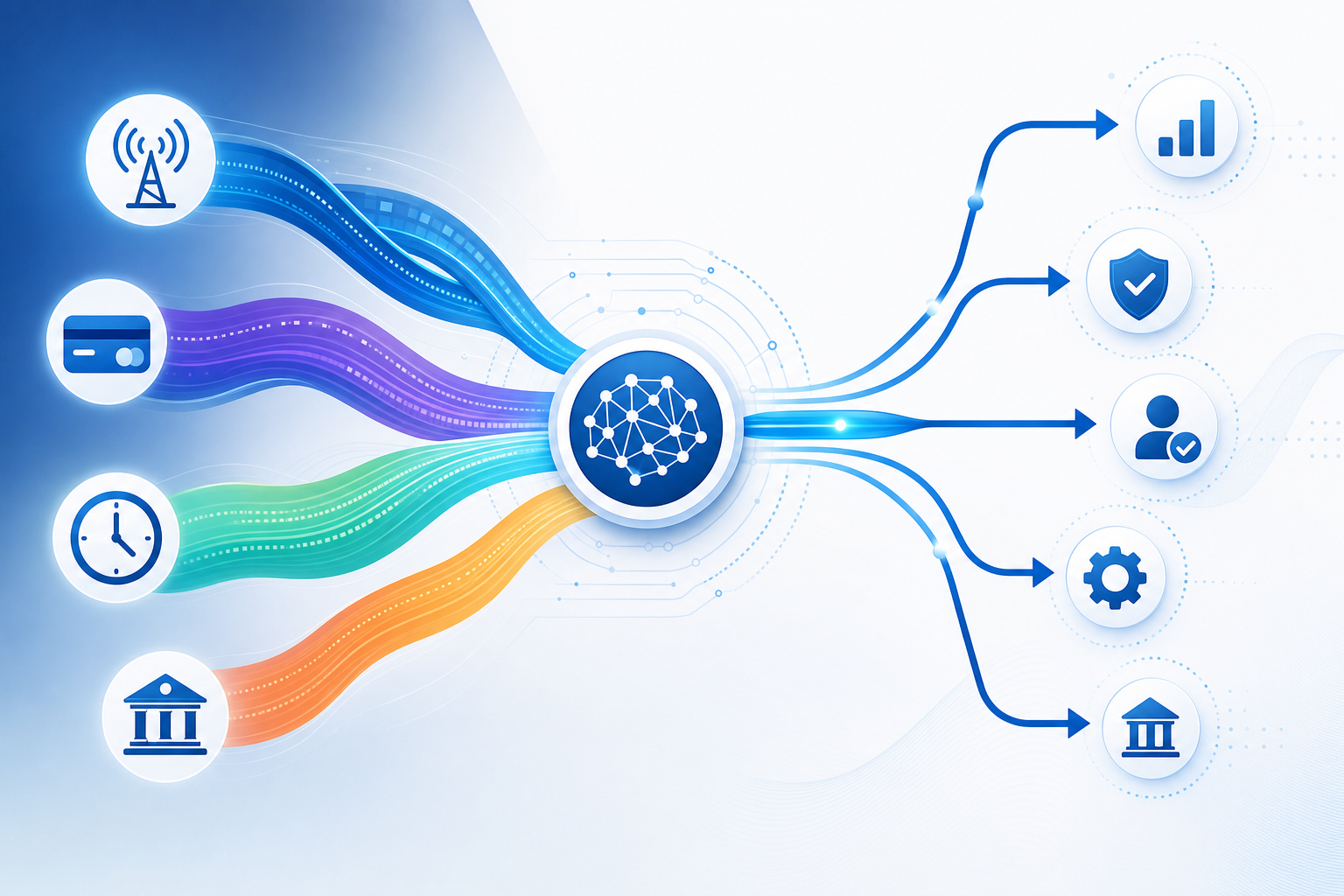 A professional diagram showing multiple data streams converging into a decision point. Visualize colorful data ribbons flowing from different sources: network signal waves, card symbols, clock icons, and bank building icons, all merging into a central processing node that branches into multiple outcome paths. Use a modern blue and white color scheme with subtle gradients. Clean, technical illustration style showing the concept of multiple inputs feeding into an intelligent decision system. No text or labels.