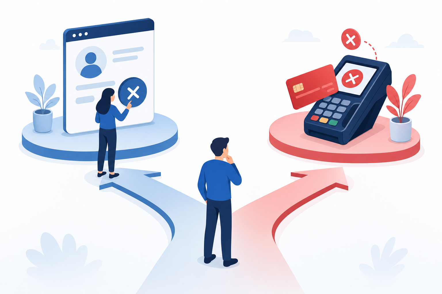 A clean, modern business illustration showing two diverging paths representing subscription churn types: one path shows a customer consciously deciding to cancel (voluntary), the other shows a payment card being declined or failing at a payment terminal (involuntary). Use a minimal color palette with blues and reds, professional SaaS aesthetic, isometric or flat design style, no text or words