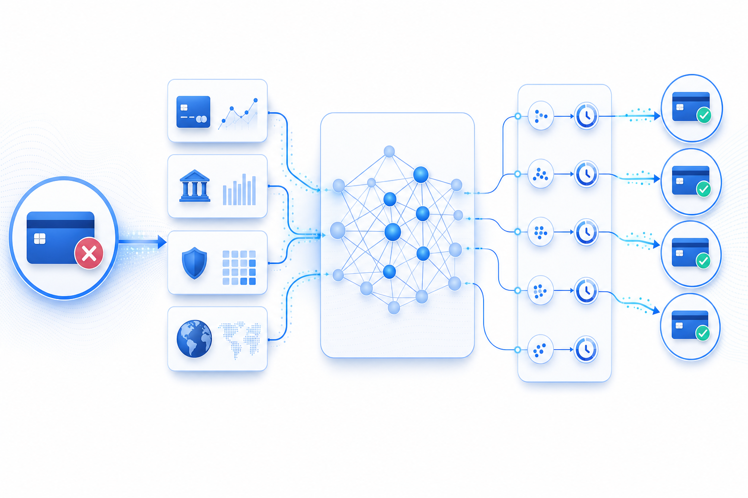 A modern, clean technical diagram showing an AI-powered payment retry system architecture. Visualize the flow: a failed payment transaction enters from the left, passes through an AI analysis layer with neural network nodes examining multiple data signals (card type, issuer behavior, decline codes, geography), then intelligently routes to optimized retry timing on the right. Use a professional blue and white color scheme with subtle gradients. The illustration should show data flowing through interconnected nodes and decision points, emphasizing the intelligence layer between payment failure and retry attempt. No text or labels.