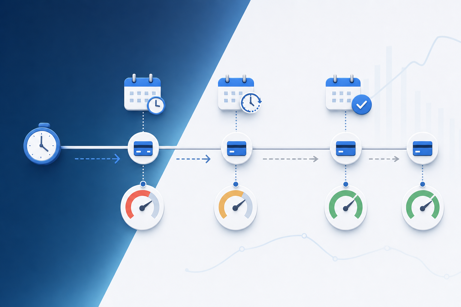 A modern, professional illustration showing smart payment retry logic timing. Visualize a timeline with multiple payment retry attempts strategically spaced out, with each attempt marked by different visual indicators showing success probability. Show varying time intervals between attempts (some close together, some further apart) to represent intelligent scheduling. Include visual elements like clocks, probability meters, or success indicators at different points along the timeline. Use a clean, minimalist design with a professional blue and white color scheme. The image should convey the concept of strategic timing and data-driven decision making without any text or letters.