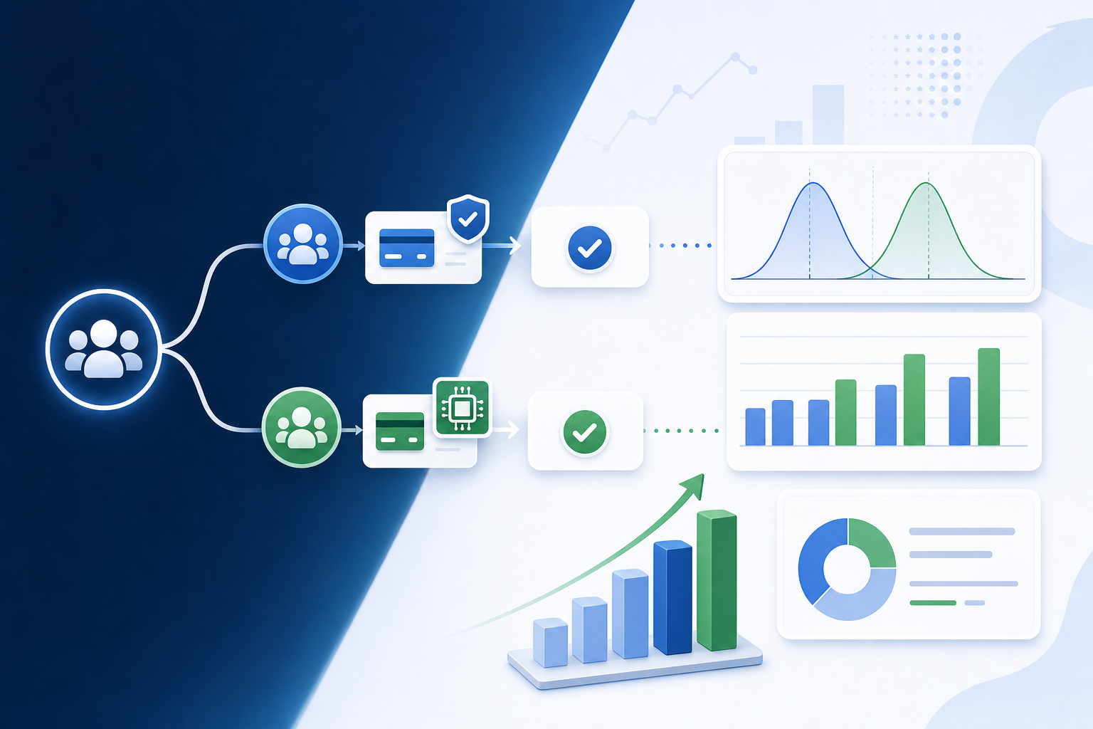 A clean, professional diagram illustrating A/B testing methodology for payment processing. Show two parallel paths splitting from a central point - one path labeled as control group flowing through standard processing, another as treatment group flowing through AI-enhanced processing. Visualize statistical analysis with graphs showing performance comparison, confidence intervals, and uplift metrics. Use a modern tech color palette with blues, greens, and whites. The style should be minimalist, data-focused, and suitable for a financial software context. No text, words, letters, or labels.
