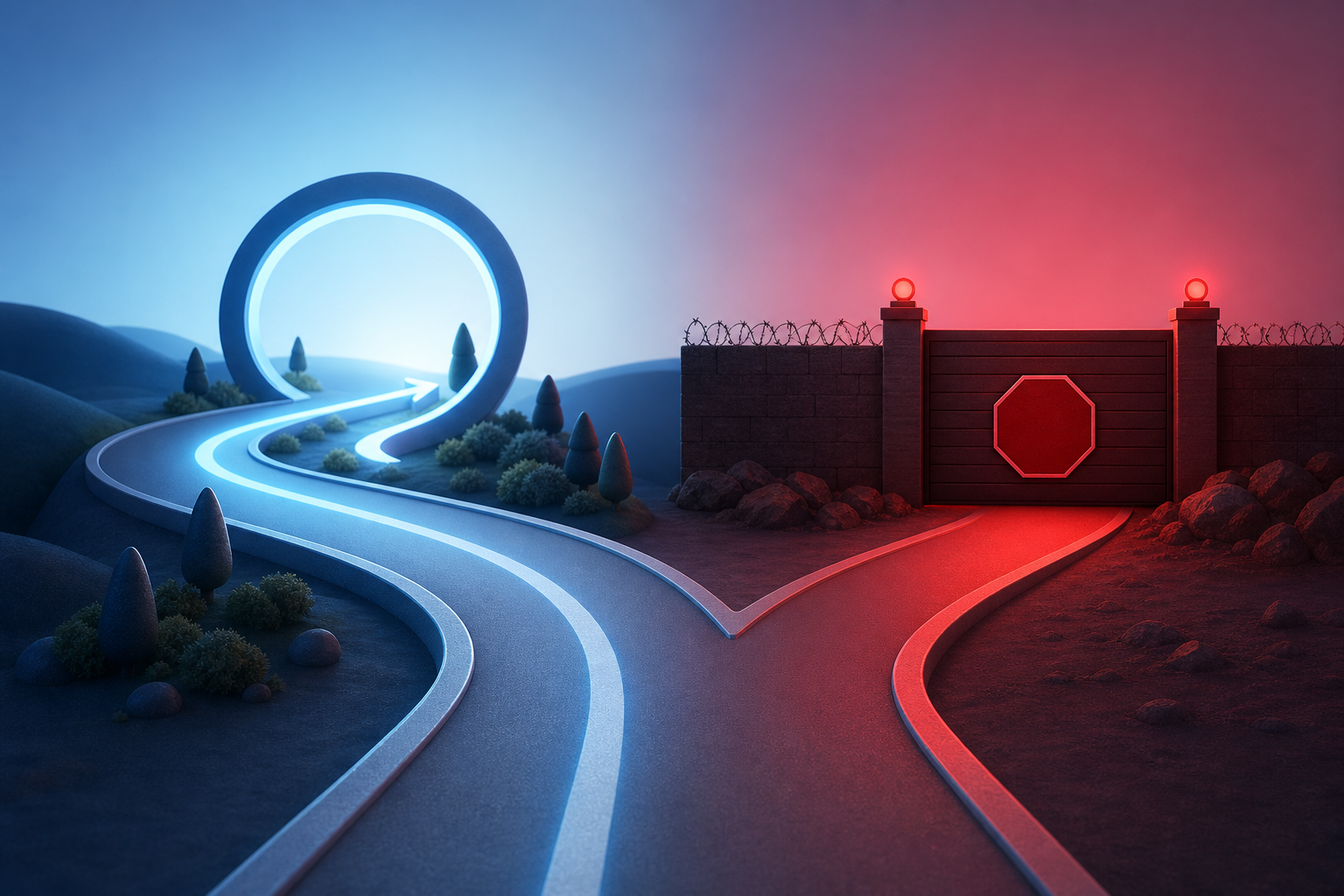 A clean, modern split-path diagram illustration showing two diverging roads or pathways. One path is smooth and lit, representing a temporary detour that loops back around — symbolizing a soft decline that can be recovered. The other path ends abruptly at a solid wall or closed gate, representing a permanent hard stop. The visual uses a cool blue and red color palette with a minimal, professional financial-tech aesthetic. No text, no words, no letters anywhere in the image.