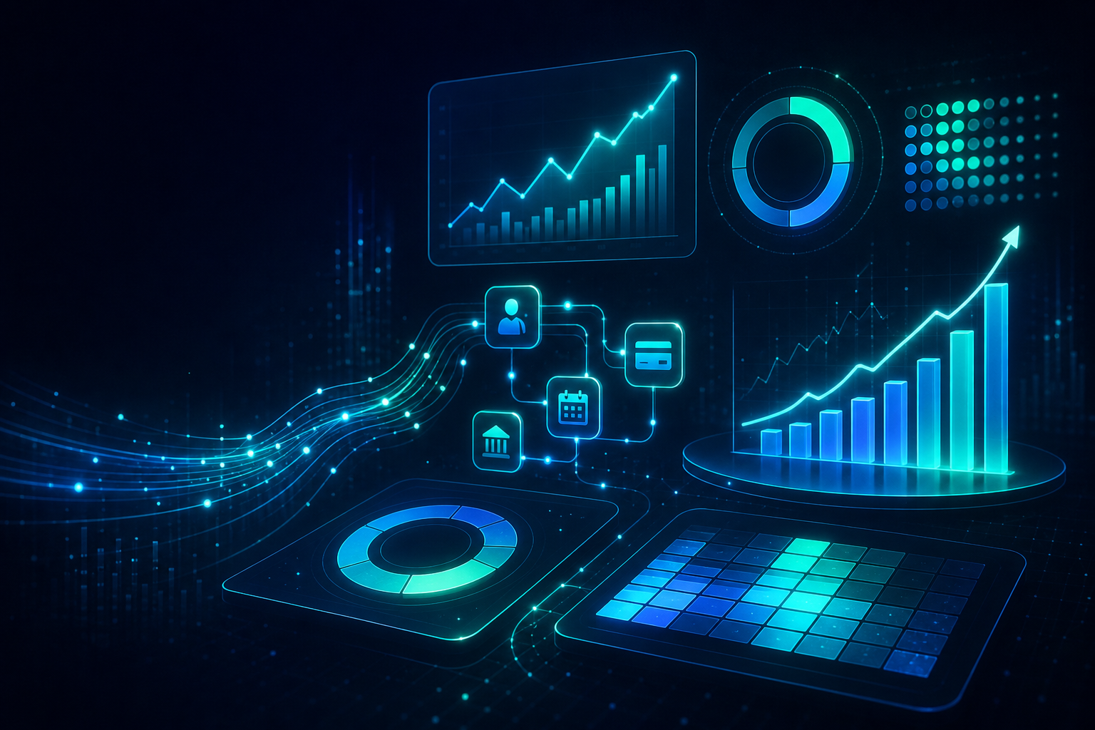 A sleek, futuristic fintech analytics dashboard visualization: glowing charts and graphs floating in dark space, circular recovery rate gauges, upward-trending revenue curves in electric teal and blue, cohort retention grids rendered as luminous heatmaps, interconnected metric cards showing subscription billing cycles, abstract data streams flowing between KPI nodes, deep navy and electric teal color palette, professional financial technology aesthetic, no text or labels anywhere