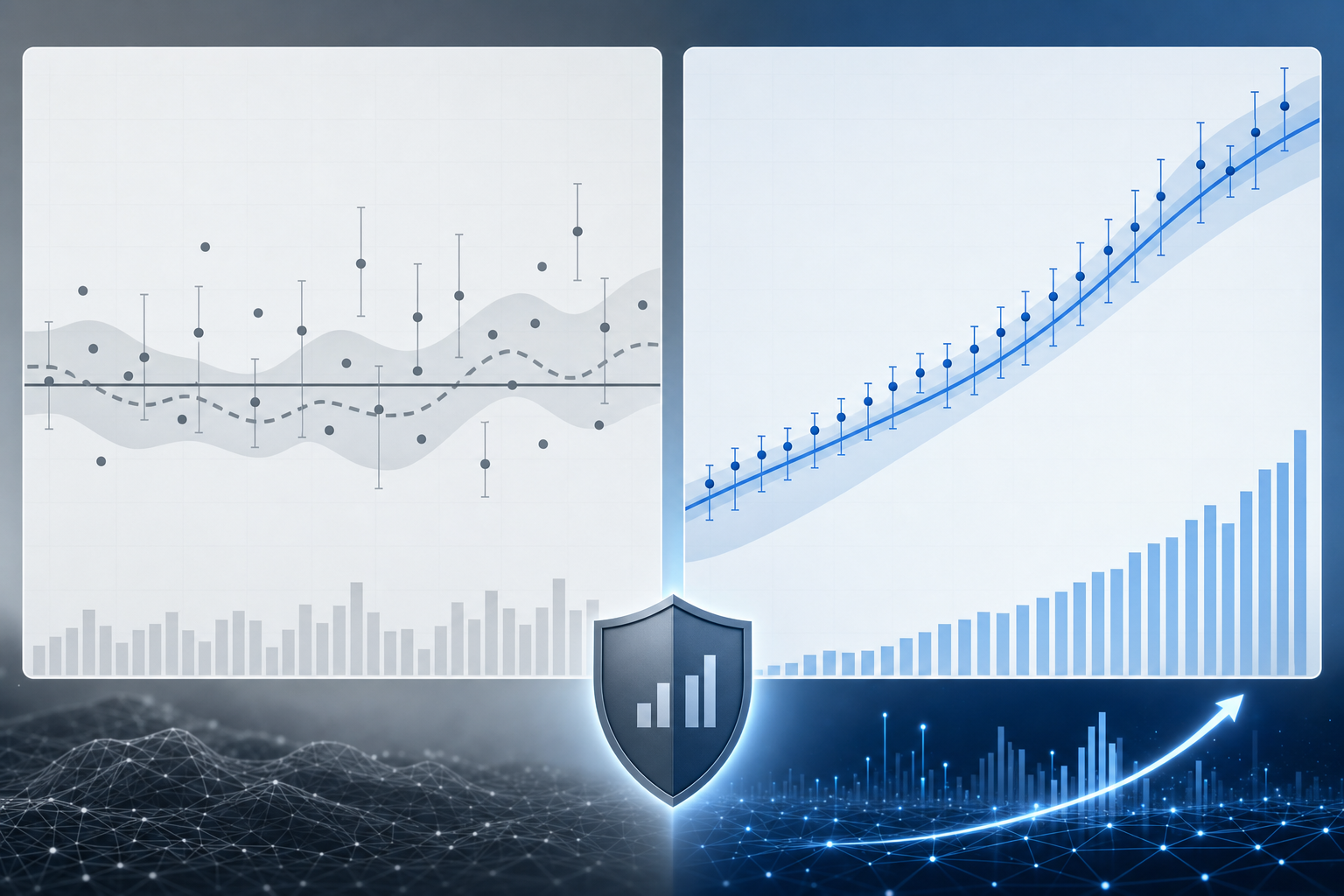 A clean, professional visualization showing statistical confidence in data analysis. Display two contrasting data curves or bar charts side by side: one showing scattered, inconsistent results representing random variation or noise, and another showing clear, consistent upward trends representing statistically significant results. Use a modern, technical illustration style with blue and gray tones, incorporating visual elements like confidence intervals, data points, and smooth trend lines. The image should convey the concept of separating real performance gains from random chance in a financial analytics context. No text, words, letters, or numbers in the image.