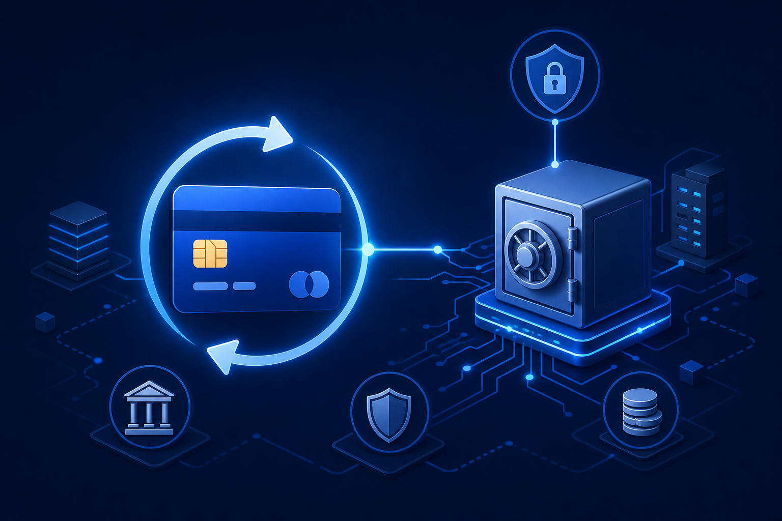 A modern flat illustration showing a payment card renewal cycle: a stylized credit card with a circular refresh arrow orbiting it, connected by glowing lines to a secure vault or network node representing a bank, set against a dark navy background with subtle abstract financial infrastructure elements like circuit-board traces and shield icons, no text, no letters, no words