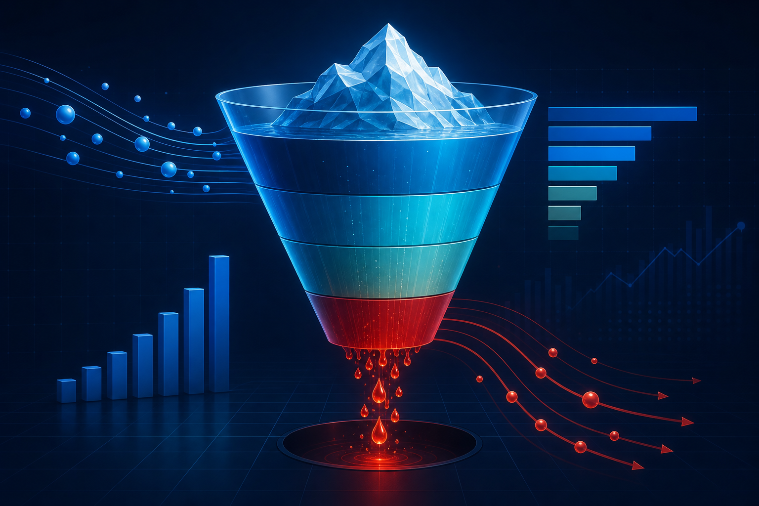A conceptual financial diagram showing a large funnel or iceberg visualization representing subscription revenue flowing in at the top, with a portion leaking out at the bottom as glowing red droplets, symbolizing failed payment losses. The background is dark navy blue with subtle grid lines. The funnel is rendered in clean corporate blue and teal gradients, with the leaking portion highlighted in deep red and amber. Abstract data visualization elements like bar segments and flow arrows surround the funnel, evoking a CFO-level financial dashboard aesthetic. No text, no numbers, no letters.