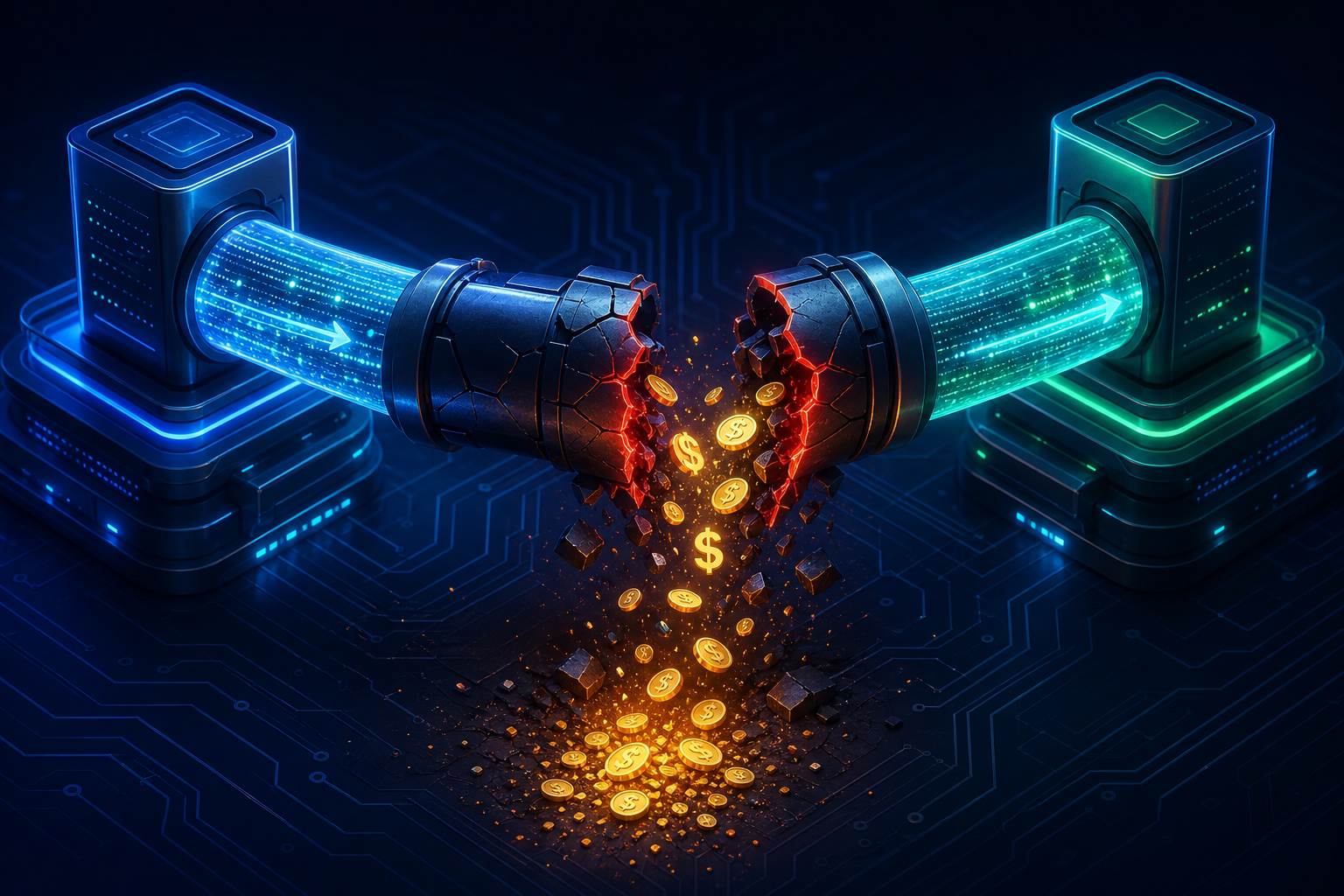 A dramatic visualization of revenue leaking through cracks in a digital infrastructure pipeline. A large glowing subscription data stream flows through connected server nodes, but at a central junction point where two systems are being swapped out, bright golden coins and currency symbols pour downward through visible fractures and gaps in the pipeline. The background is deep navy blue with subtle circuit-board patterns. The broken junction glows red at the edges, contrasting with the healthy blue-green glow of the intact pipeline sections on either side. Cinematic lighting, clean isometric perspective, no text or labels.