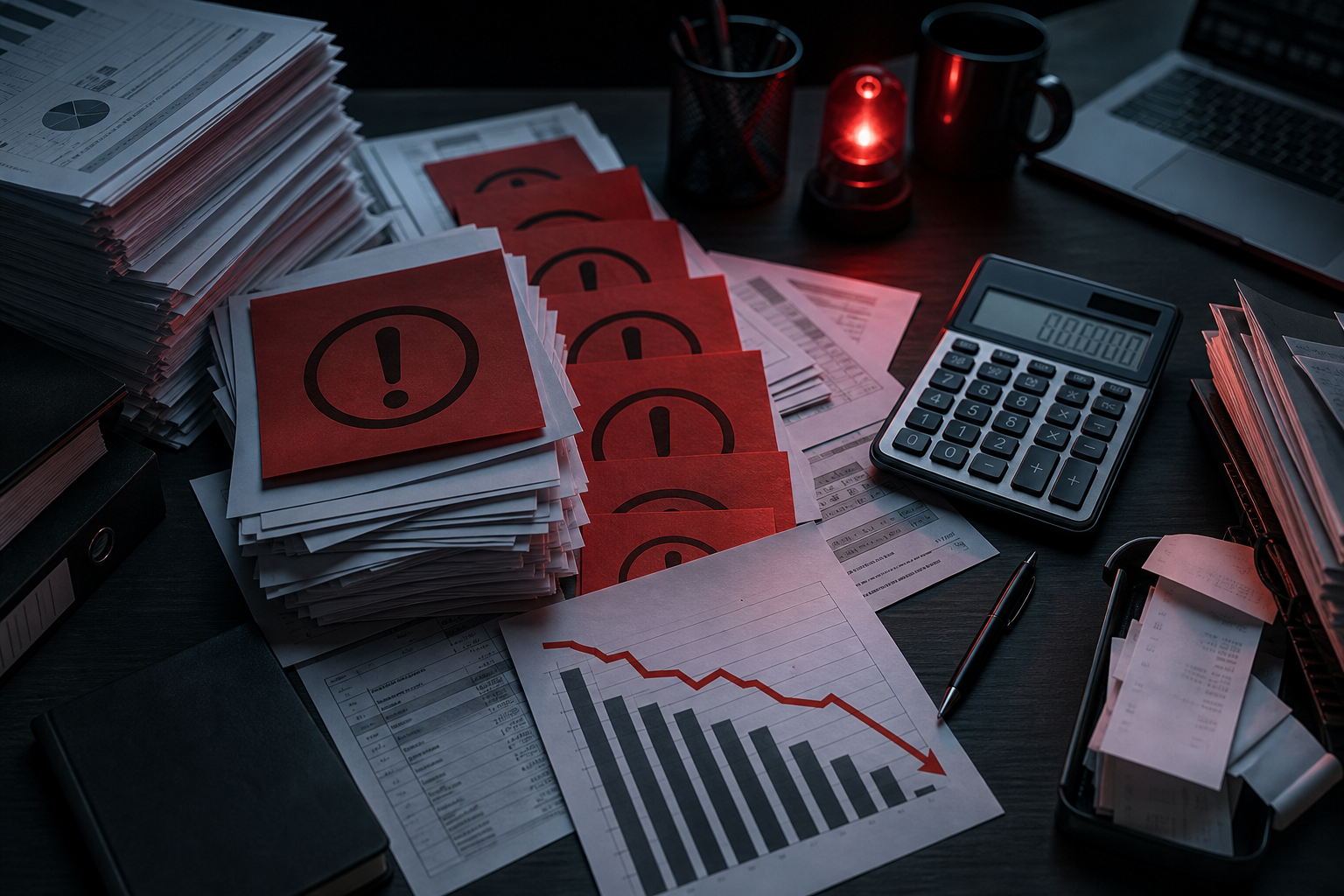 A dramatic overhead view of a corporate finance desk with stacked red penalty notices and fee documents cascading across the surface, a calculator showing large numbers, and a downward-trending graph on paper, conveying mounting financial costs and compliance violations, dark professional atmosphere with red accent lighting