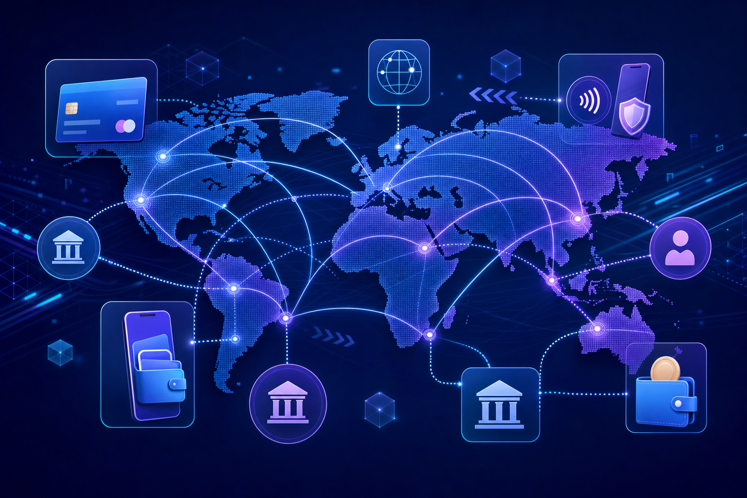 A modern, clean illustration showing a global payment network with multiple interconnected regions across a world map. Include visual elements representing different payment methods like credit cards, direct debit symbols, and digital payment icons flowing across continents. Use a professional blue and purple color scheme with subtle geometric patterns representing data flow and financial transactions across borders. The style should be minimalist and technical, focusing on connectivity and international commerce without any text or labels.